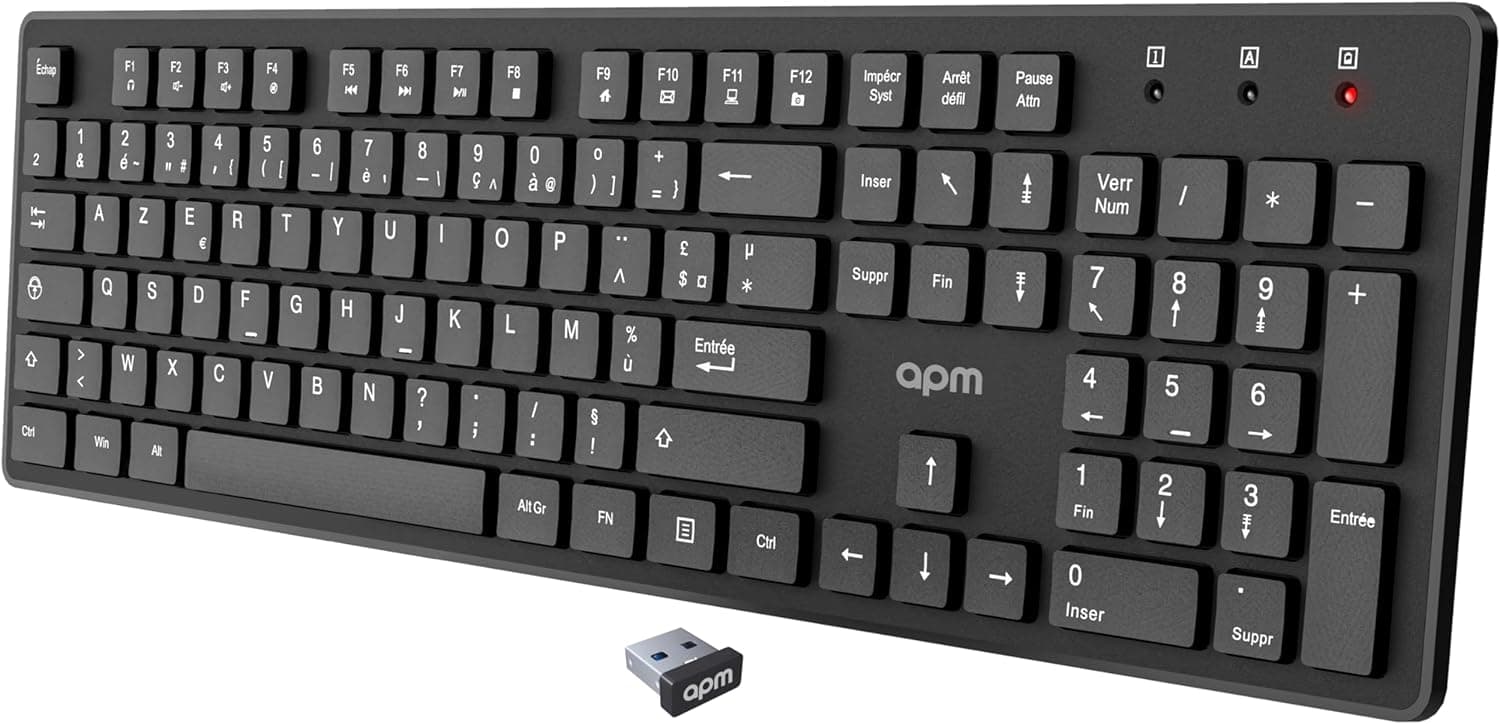APM Clavier Sans-Fil, 2.4GHz, AZERTY, 105 Touches Ergonomiques, Raccourcis Multimédias, Compatible avec Ordinateur PC Portable MacOS Windows Linux, 100041