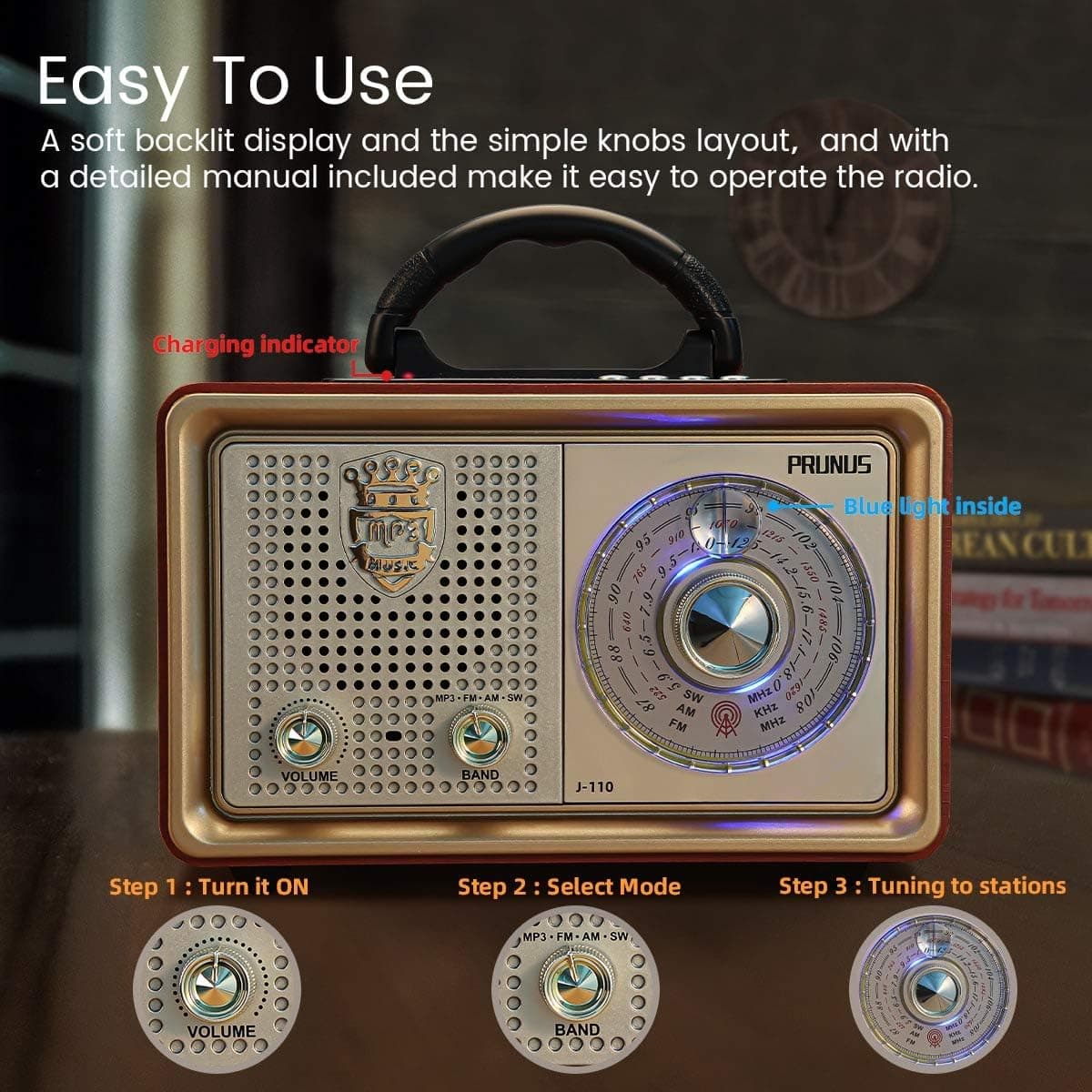 PRUNUS J-110 Radio Vintage AM/FM/SW, Rechargeable, Piles Et Secteur | Poste Radio Vintage avec Batterie 1200 mAh, Bluetooth, Piles Ou Secteur, Haut-Parleur 5 W Et Lecture USB
