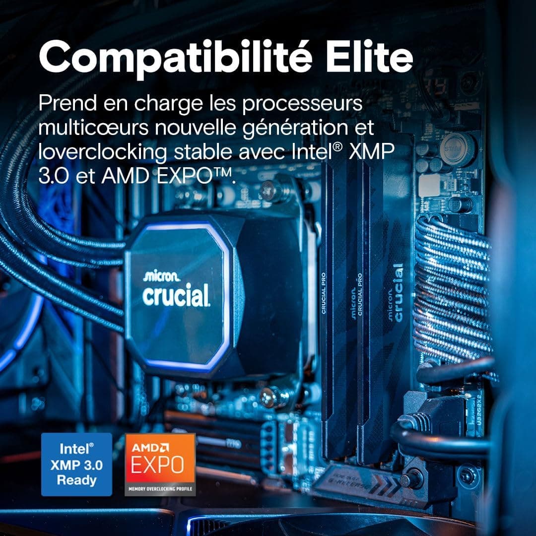 Crucial Pro RAM DDR5 32Go Kit (2x16Go) 6400MHz CL32, Overclocking Gaming, Mémoire pour Ordinateur de Bureau, Intel XMP 3.0 / AMD Expo, Noir - CP2K16G64C32U5B