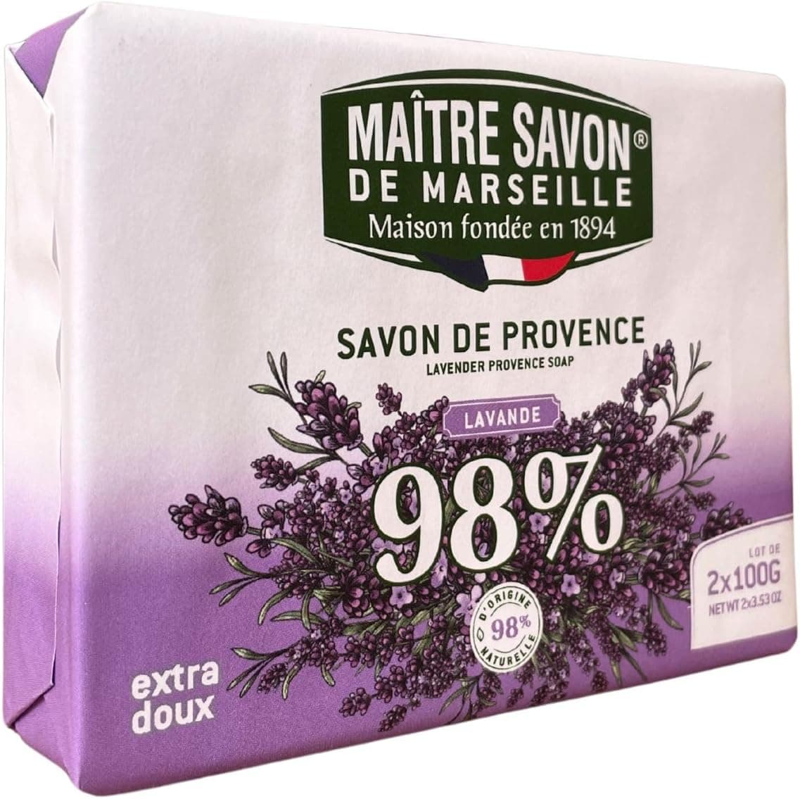 Maître Savon de Marseille - Savon de Provence Lavande – Extra Doux – 2x100g – 99% Ingrédients Naturels – Corps & Mains