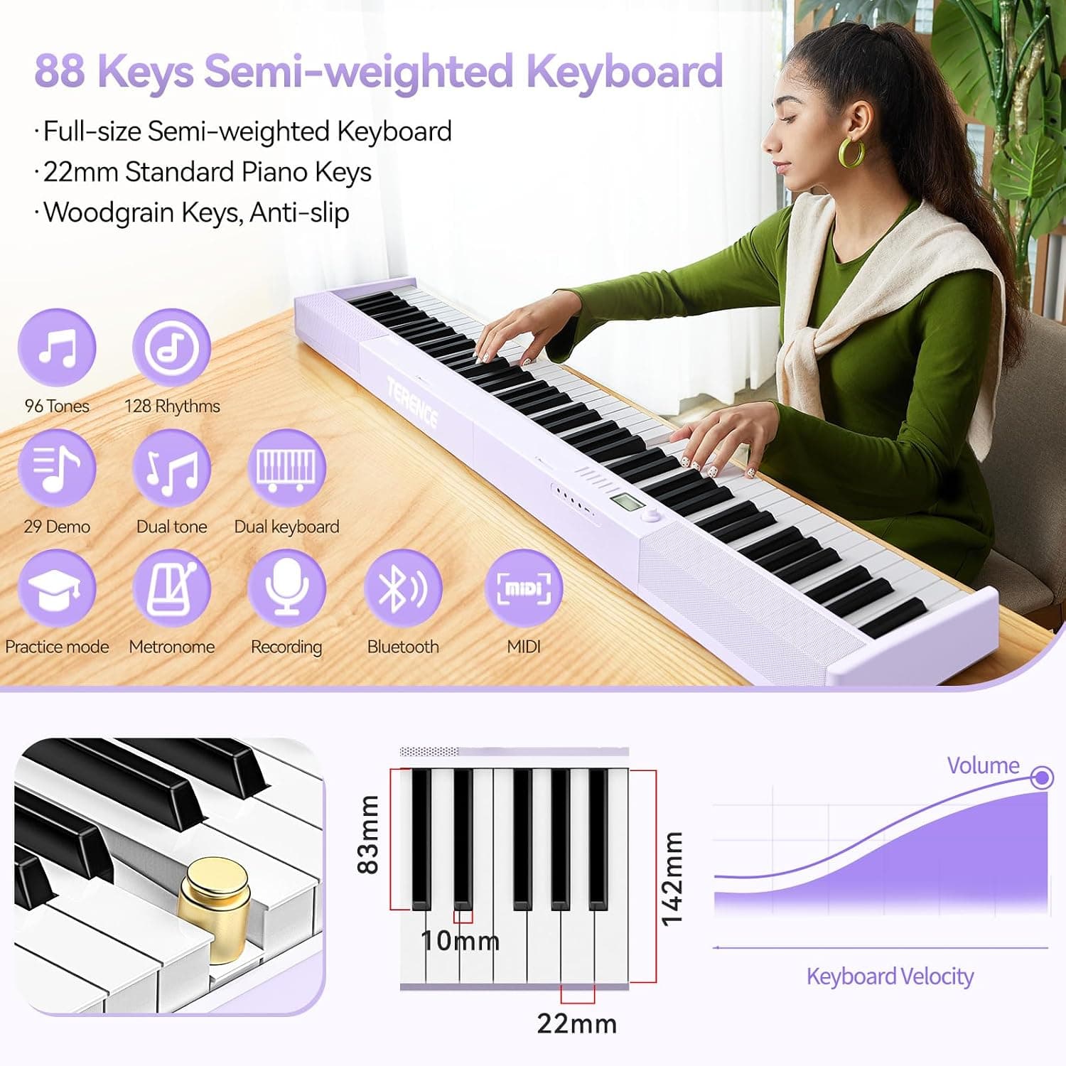 TERENCE Pliable Piano Numérique 88 touches avec Haut parleur 2x5W Batterie de 1800mAh lestées Pédale de Sustain interface MIDI avec support de partitions Bluetooth Sacs pour Piano Câble audio Violet | Keyboard Piano avec pupitre, autocollant, câble audio. Parfait pour les débutants, à la maison ou en déplacement