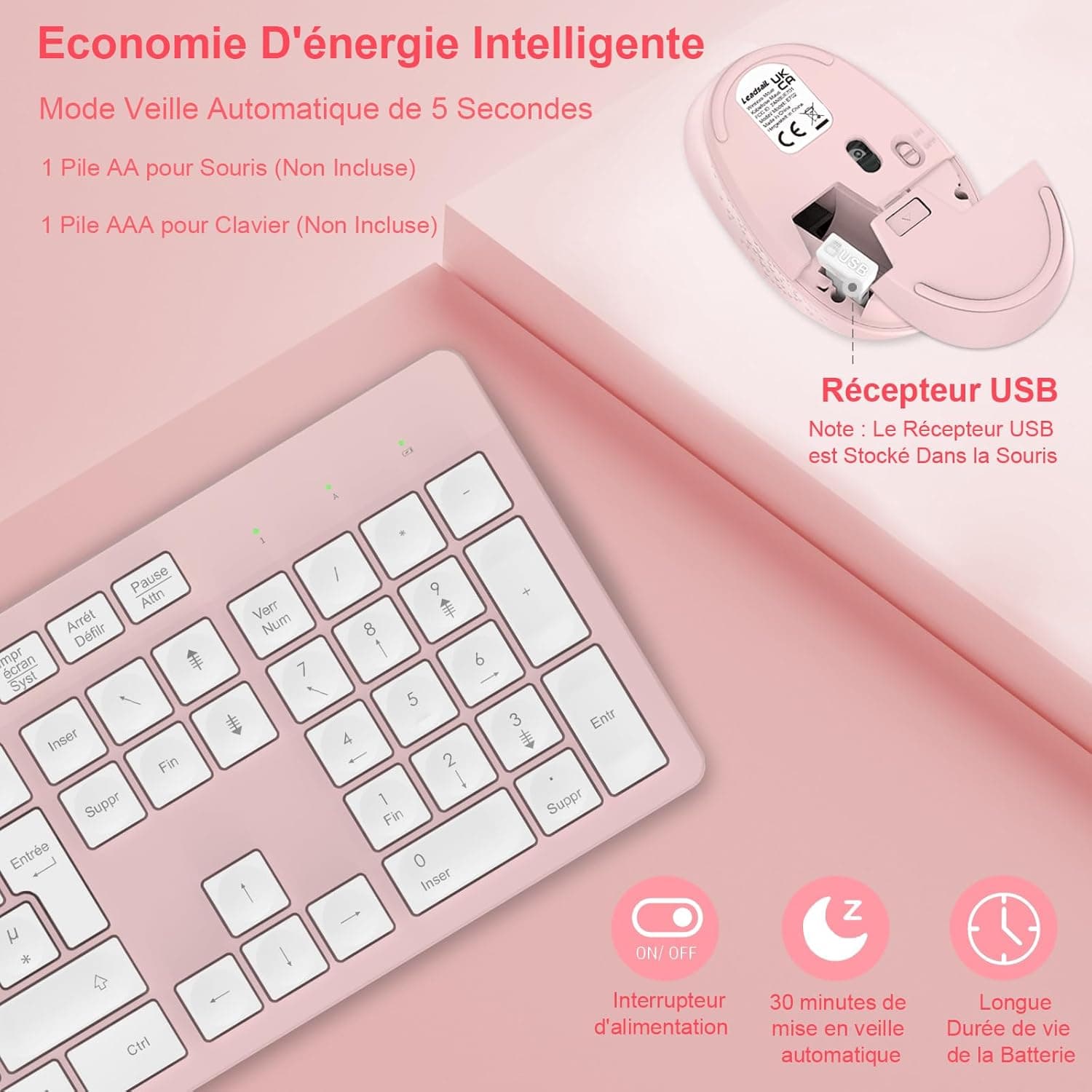 LeadsaiL Clavier Souris sans Fil, Ergonomique Ensemble Clavier de Souris Pleine Taille, 2,4 GHz avec Récepteur USB, 12 Boutons Programables pour PC, Portable, Windows, Mac AZERTY Français