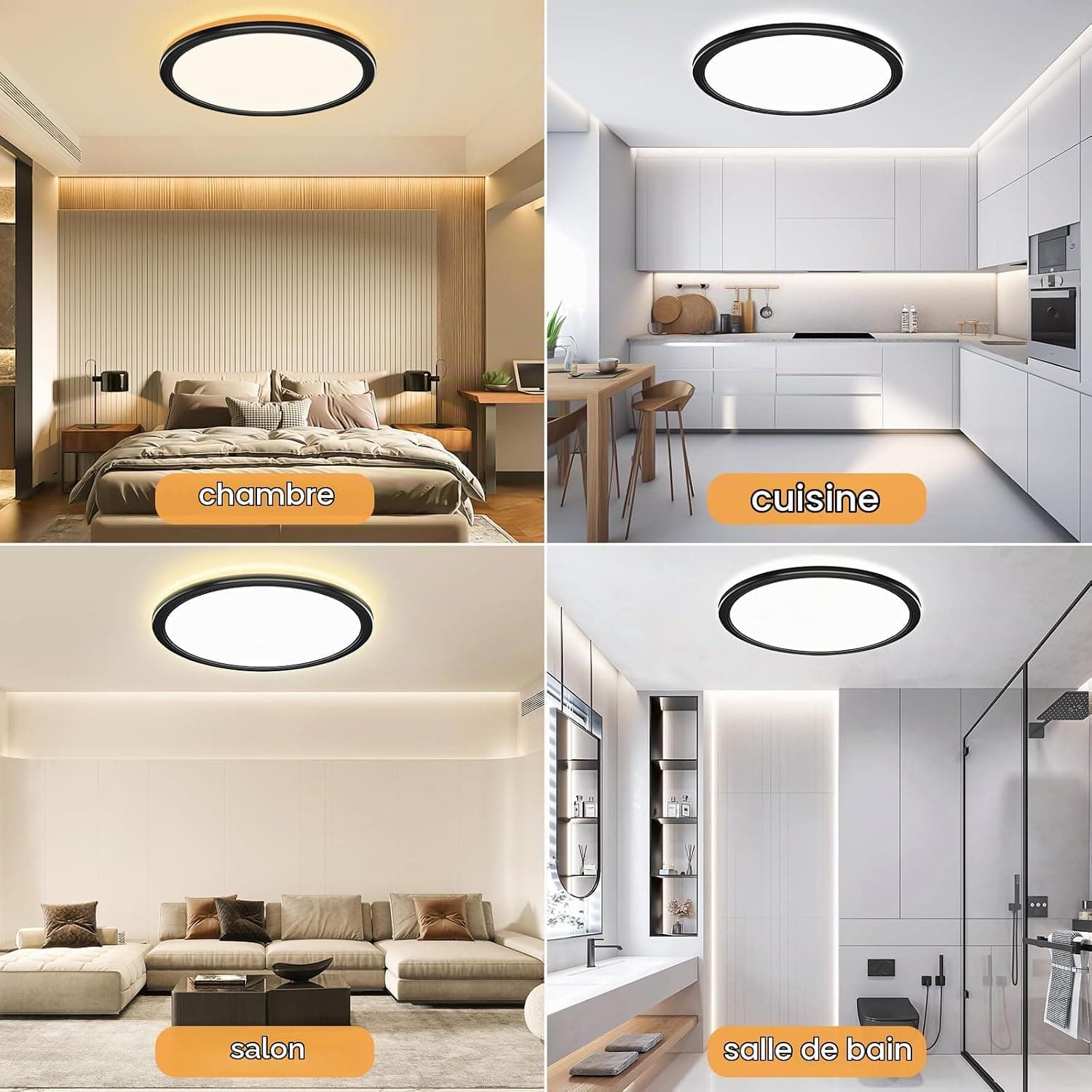 OUILA Plafonnier Led Telecommande, Dimmable Plafonnier Télécommande 24W Réglable Ø30cm 3000K-6500K Plafond Led Moderne Rond 2400LM Applicable Salle de Bain, Chambre, Cuisine, Salon(Noir)