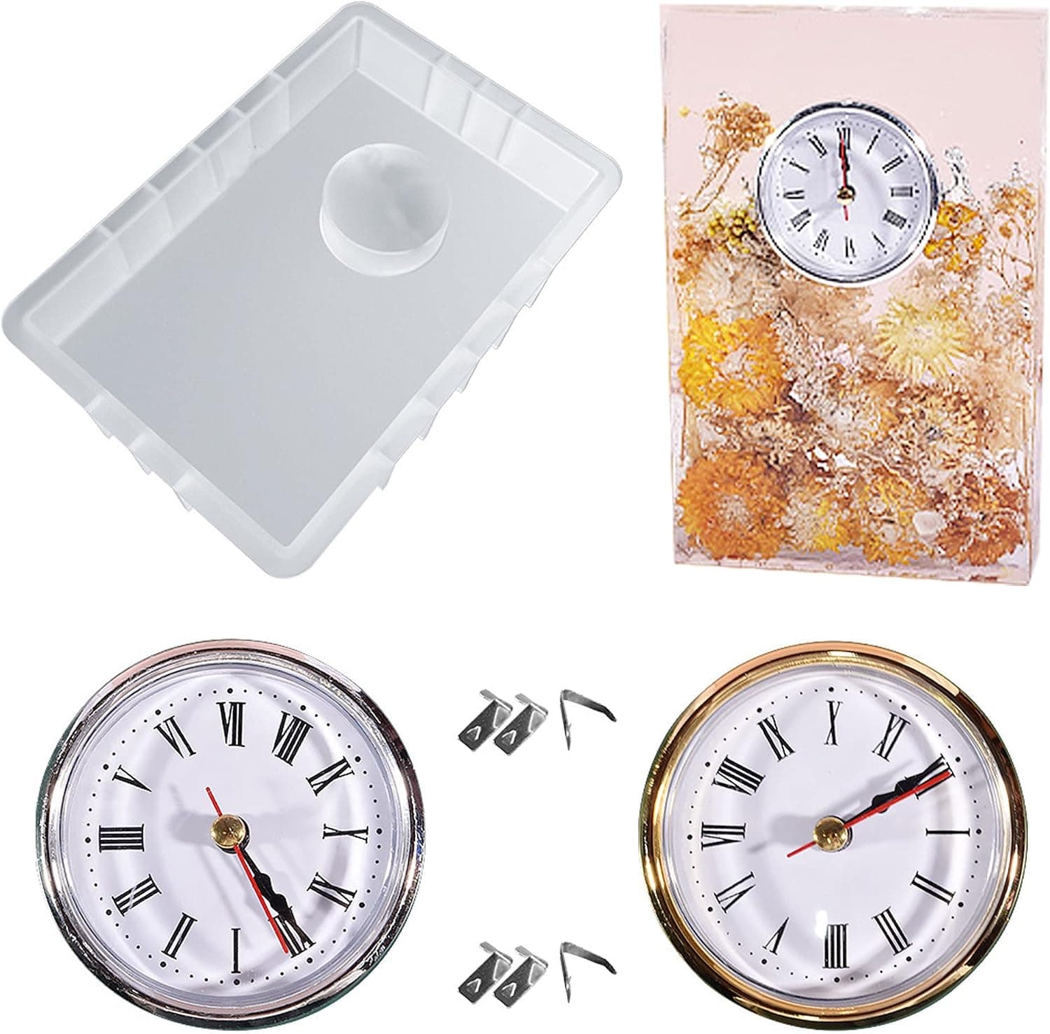 Moule pour Resine Epoxy, Rectangle Moules en Résine de Silicone Horloge, 2 PCS D'insert D'horloge pour La Préservation des Fleurs, Décorations pour La Maison