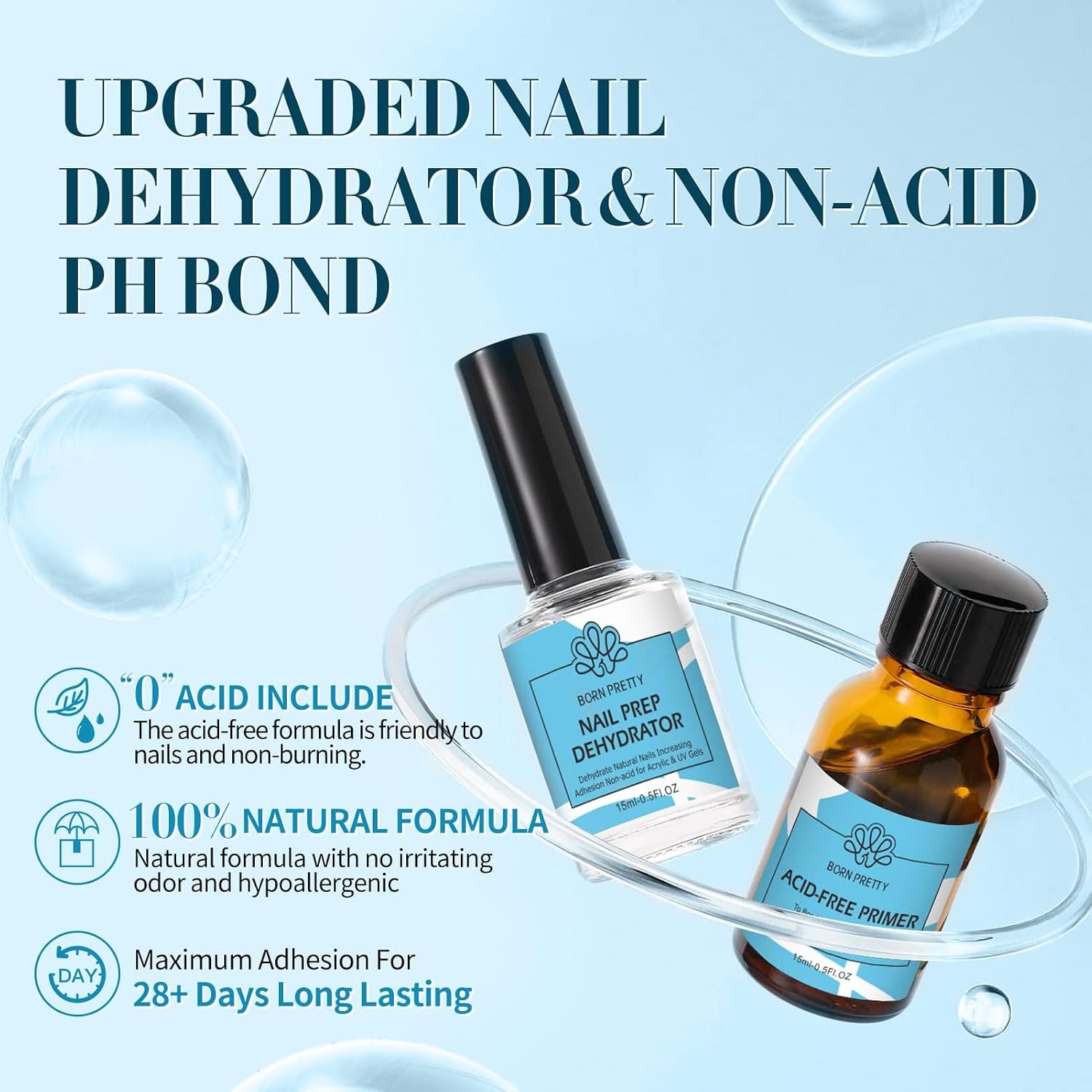 BORN PRETTY Primer Ongle Gel UV Déshydrateur Kit 2pcs 15ml | Nail Prep avant manucure pour acrylique et vernis semi permanent, améliore l'adhérence sur ongles naturels