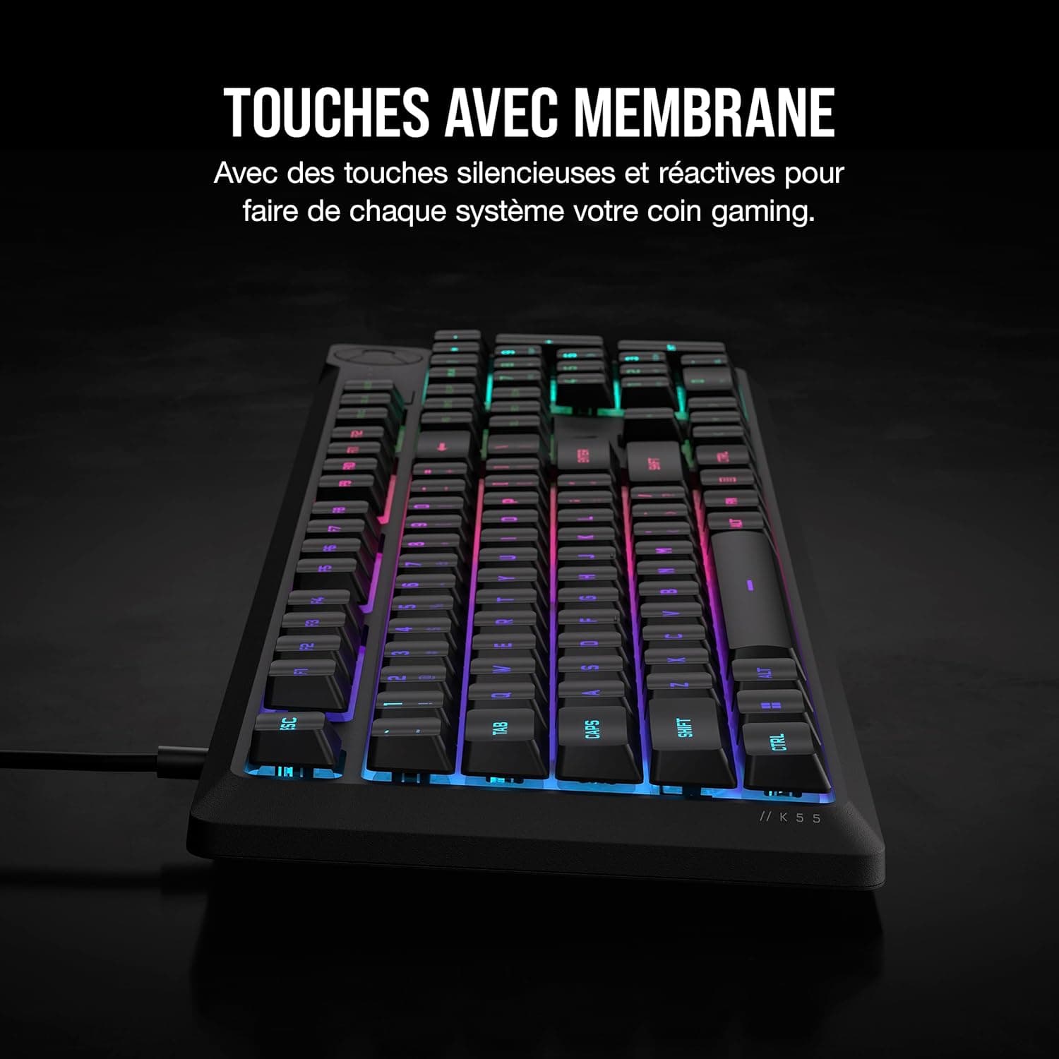 Corsair K55 Core RGB Clavier de Jeu Filaire à Membrane (AZERTY FR) – Noir | Commutateurs Réactifs, Résistance Aux éclaboussures, Ten-Zone RGB, Touches Multimédia, Compatible iCUE, PC, Mac