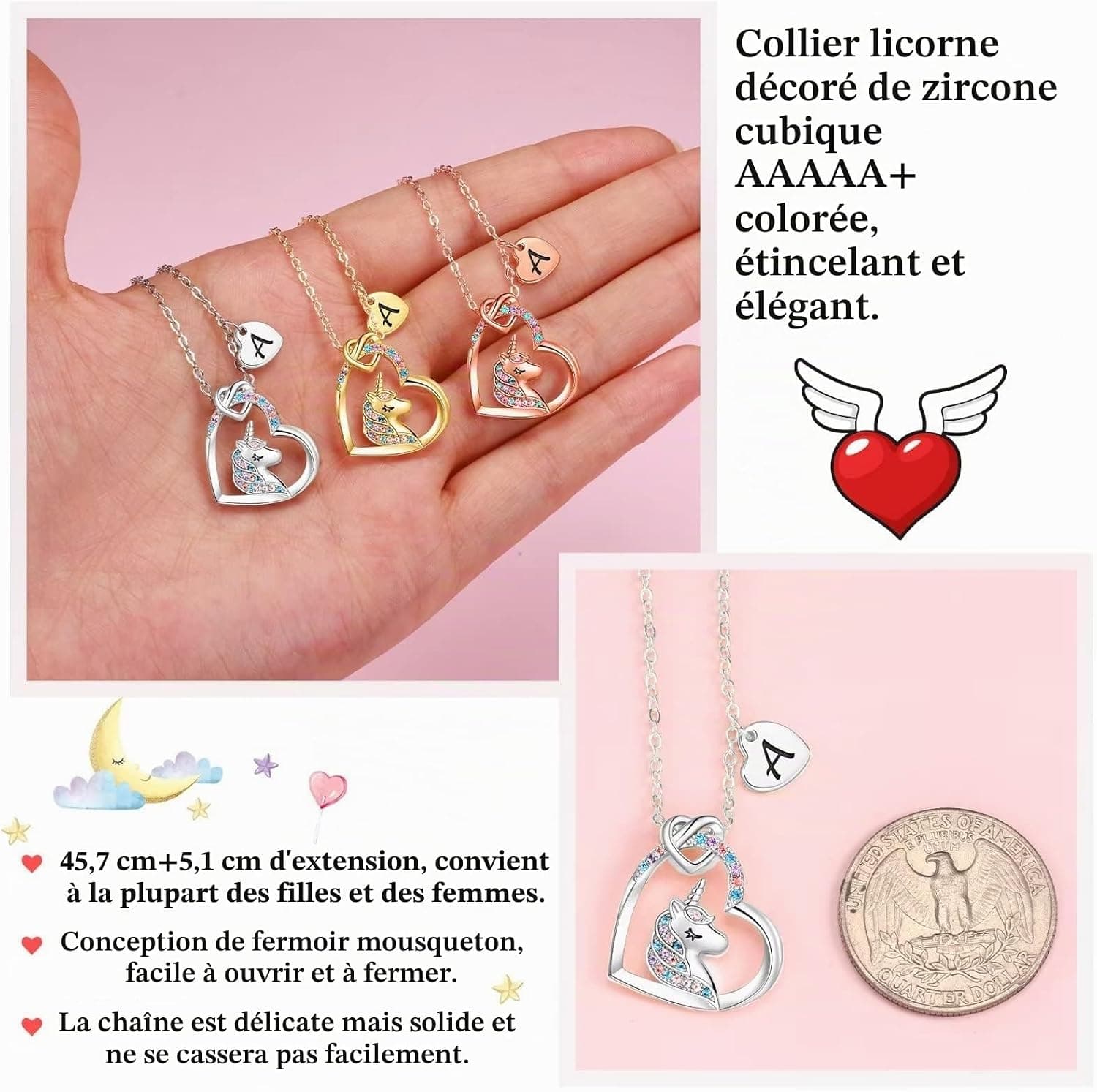 TINGN Cadeaux de Collier de Licorne pour les Fille, Plaqué Or Blanc 14 Carats Initiale Pendentif de Cœur CZ Collier de Lettre de Licorne Cadeaux en Licorne Cadeaux pour les Filles Femmes Bijoux