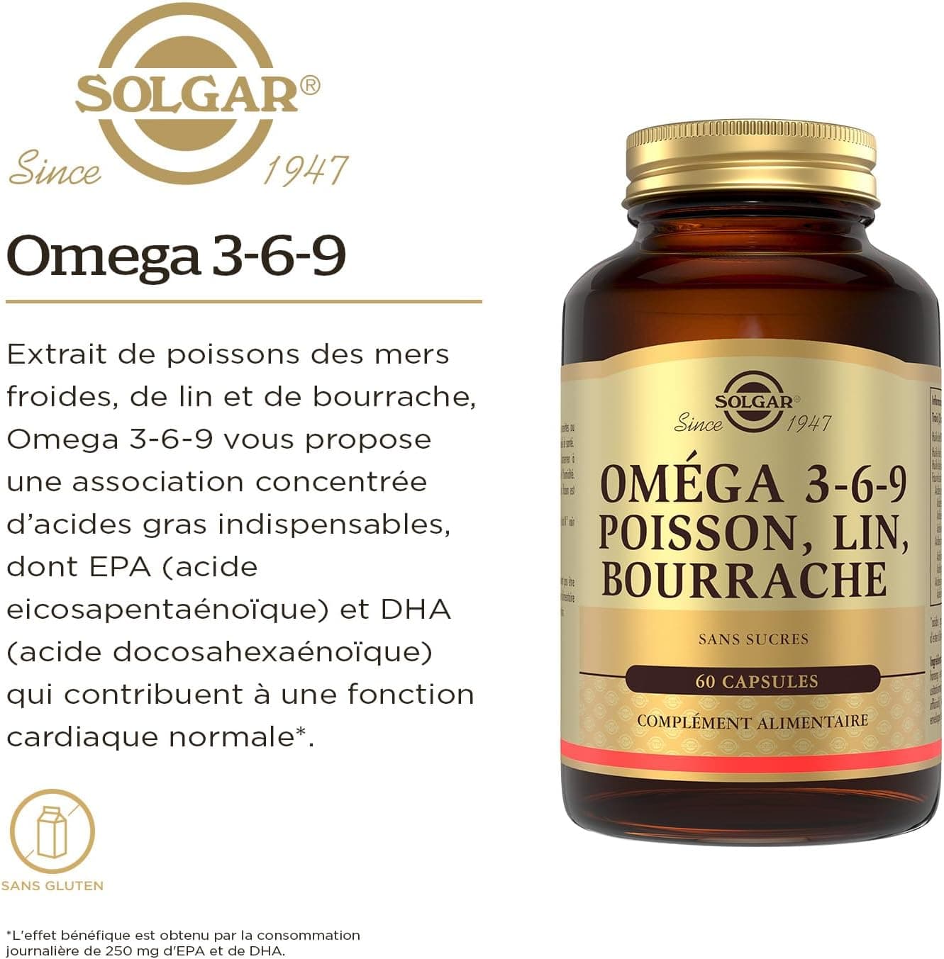 Solgar Omega 3-6-9 - Cardiovasculaire - Acides Gras - Poisson, Lin, Bourrache - Complément Alimentaire - Flacon de 60 capsules
