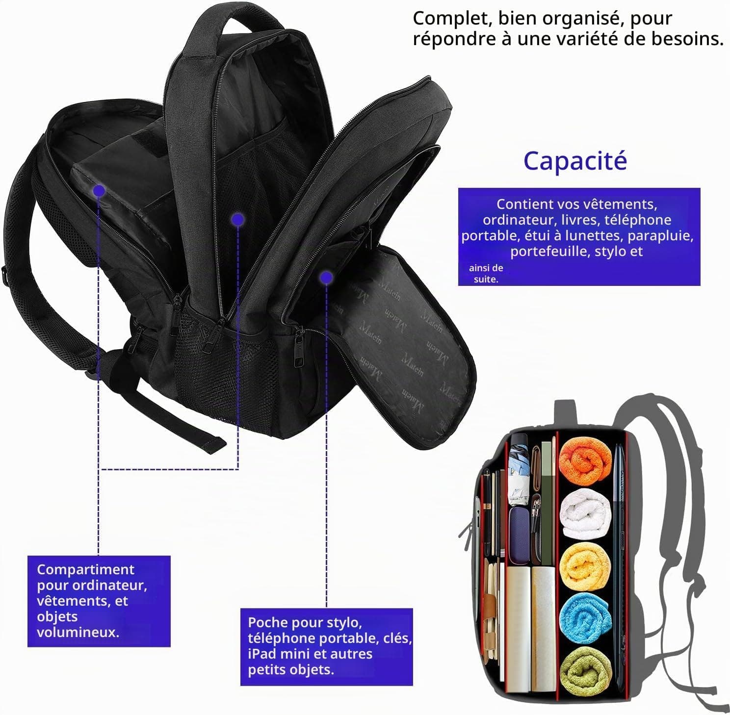 MATEIN Sac à Dos Ordinateur Portable 15.6 Pouces, Sac à Dos PC Portable
