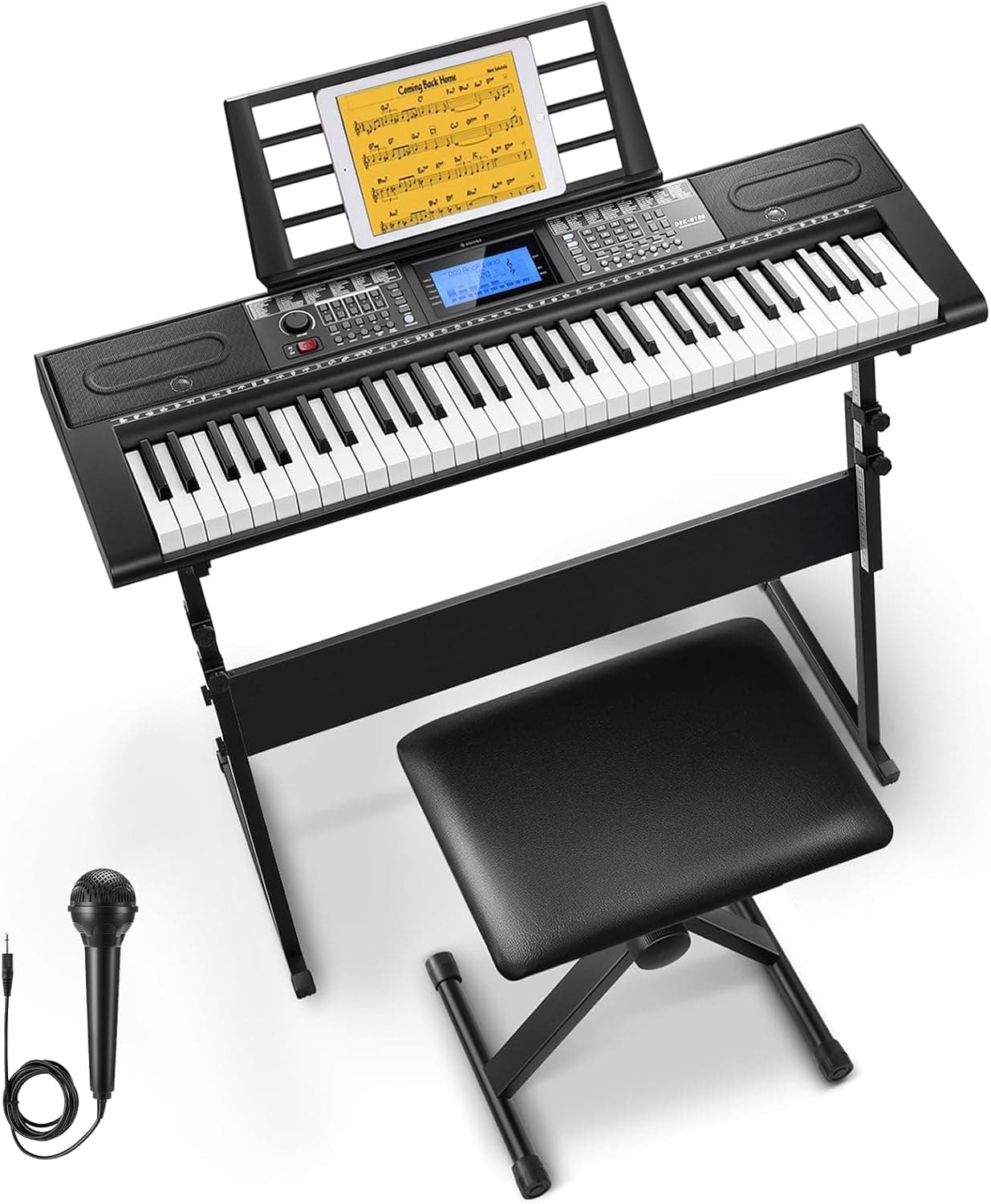 Donner Keyboard Piano 61 Key, Kit de clavier électrique avec 249 voix, 249 rythmes - Comprend un support de piano, un tabouret, un microphone, Cadeau pour les débutants, Noir(DEK-610S)