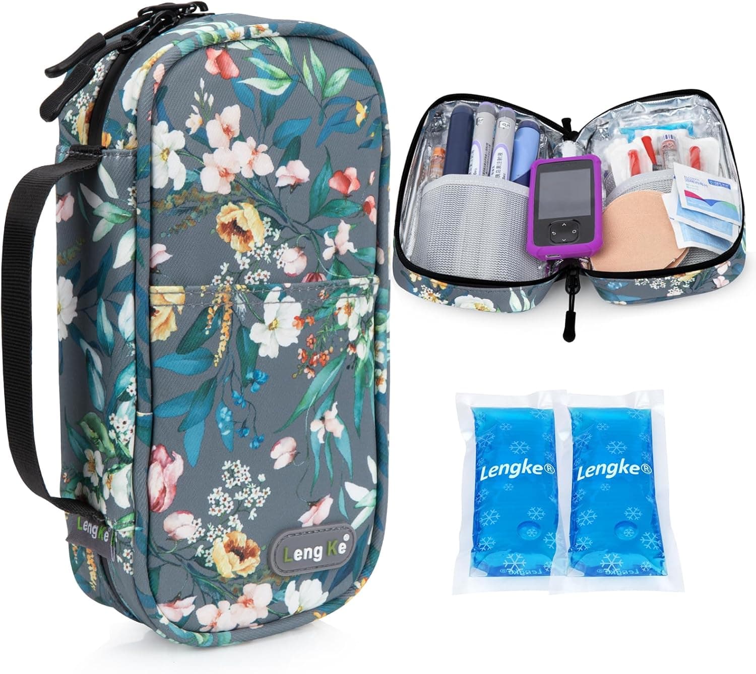 YOUSHARES Trousse Isotherme Insuline avec 2 Poche Glacière Insuline, Pochette Isotherme Insuline, Sac Isotherme Insuline Voyage pour Insuline Stylo, Injection, Seringue, Camellia Oleifera à Fond Gris