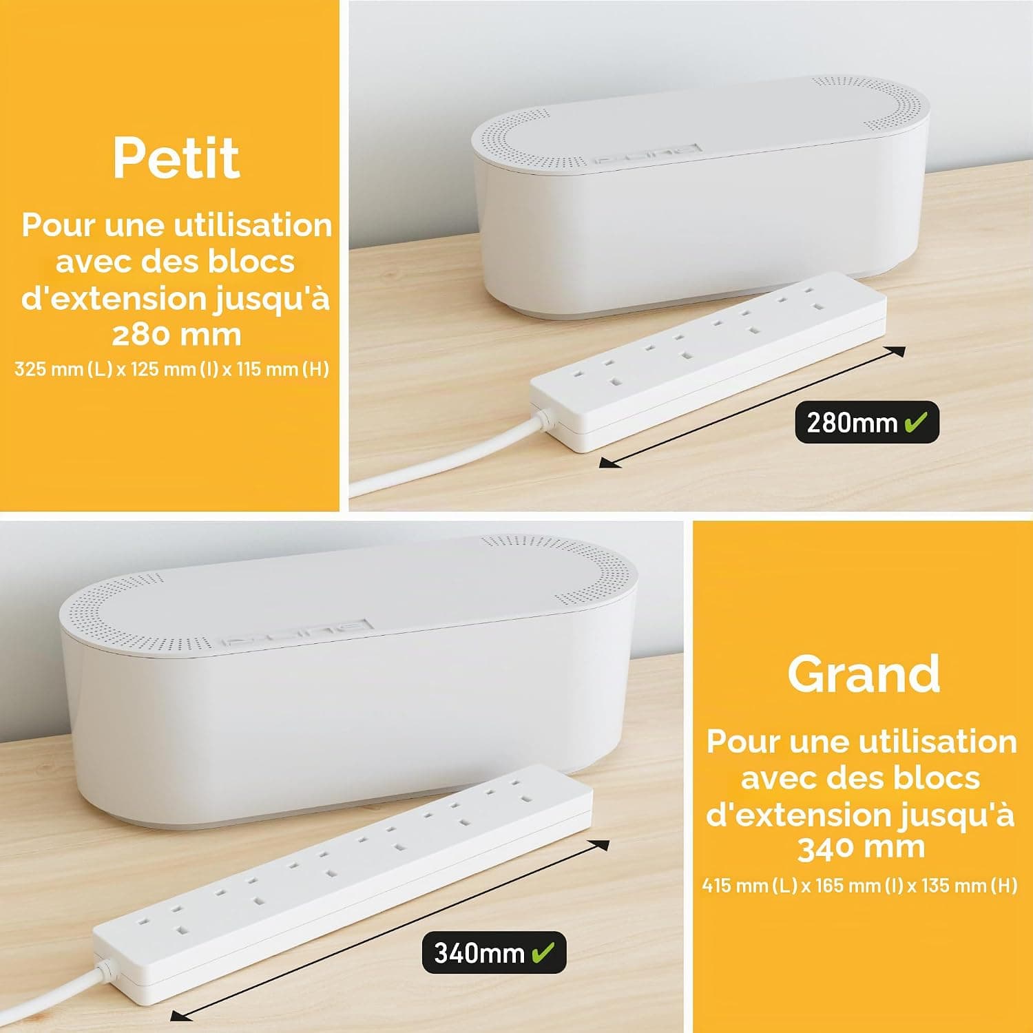 D-Line Boîte Range Câbles – Cache Multiprises et Fils, Gestion des Câbles de Bureau et TV - 325mm x 125mm x 115mm - Petite, Blanc