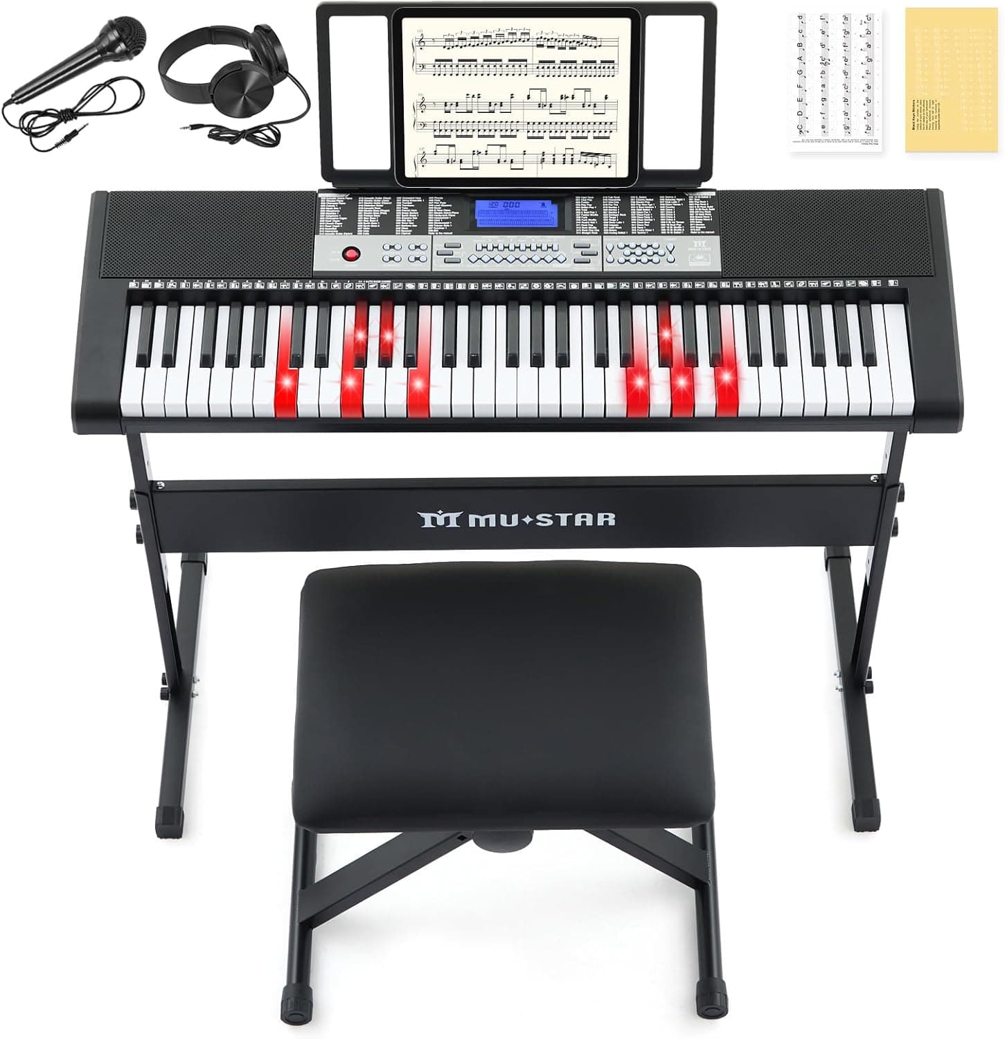 MUSTAR Piano à clavier lumineux 61 touches, clavier numérique pour débutants, piano électrique avec enseignement intelligent, support, tabouret, casque (Noir)