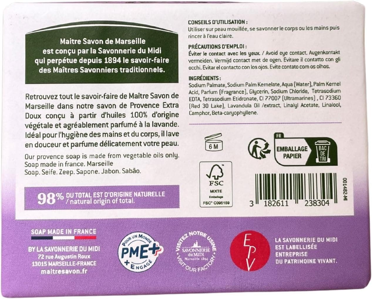 Maître Savon de Marseille - Savon de Provence Lavande – Extra Doux – 2x100g – 99% Ingrédients Naturels – Corps & Mains