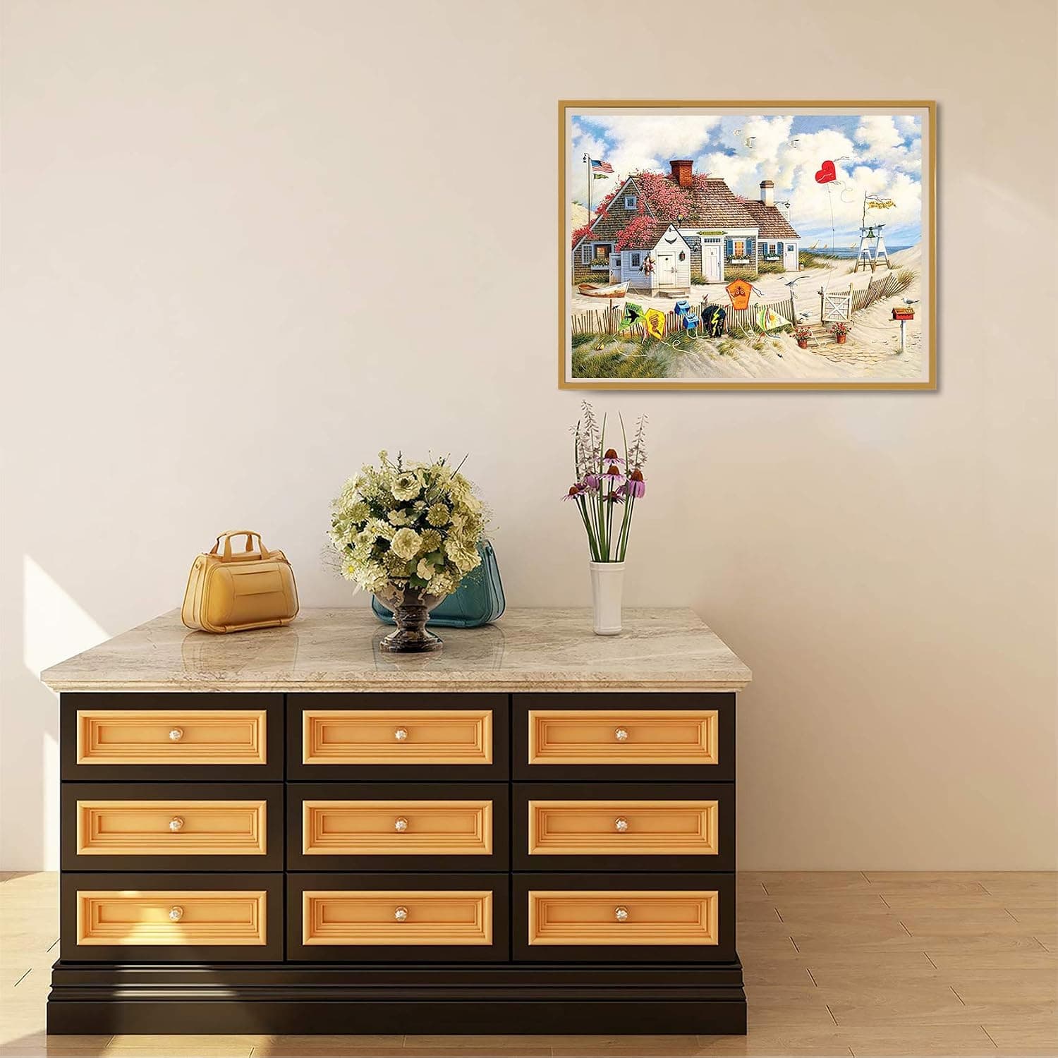 Reofrey Diamond Painting 5D Diamant Peinture Plage Chalet DIY Cristal Strass Peinture Plein Forage Broderie Artisanat Point De Croix Chambre Salon Décoration Murale 30x40cm