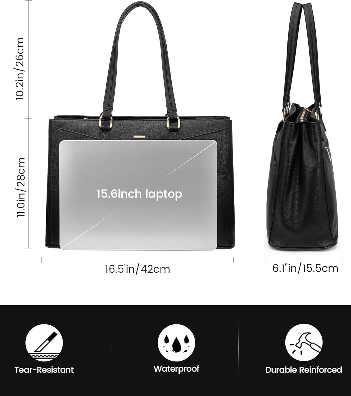 LOVEVOOK Sac Cabas Femme Sac a Main, Sac Ordinateur Portable 15,6 Pouces | Grande Capacité Imperméable Sac De Cours Sacoche Ordinateur, Sac à Main Pour Voyage Affaires Travail, Noir