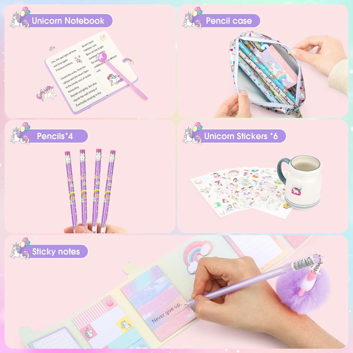 Cadeau de Papeterie Licorne pour Fille 6 7 8 9 10 11 12 Ans, Trousse, Stylo, Crayon et Carnet de Licorne, Ensemble de Jouets Licorne pour Filles, Violet