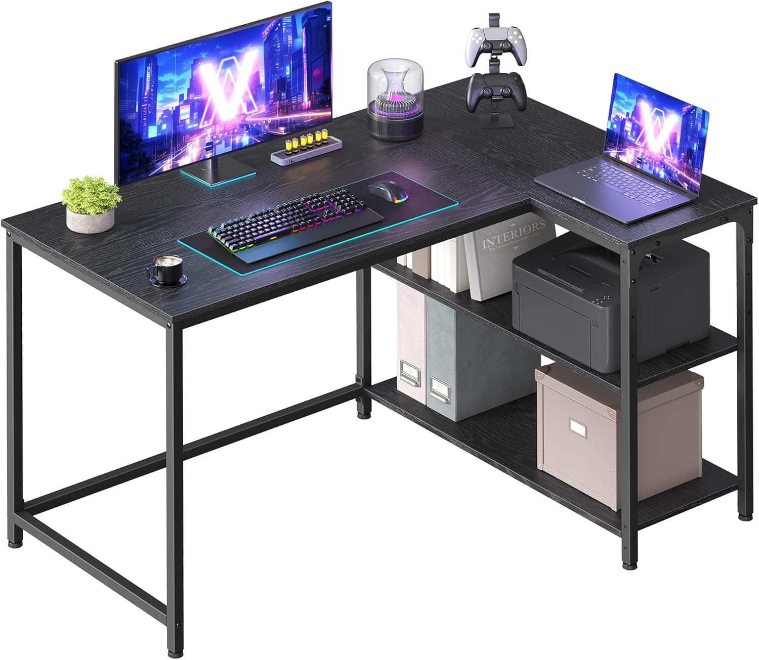 VASAGLE Bureau Gaming en L, avec Étagères, 110 x 80 cm