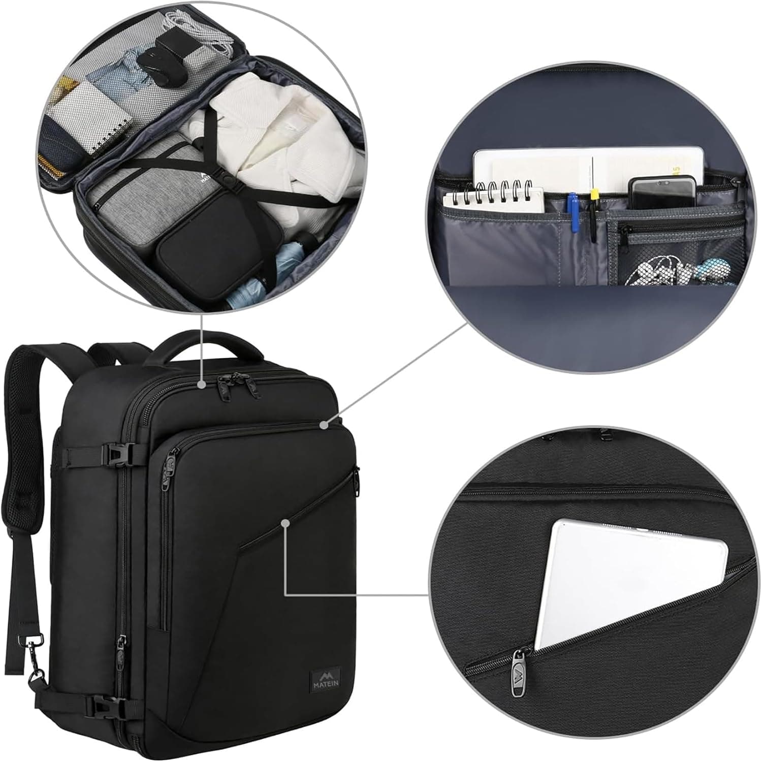 MATEIN Bagage Cabine 40x30x20, Sac a Dos Voyage Cabine Avion avec Ryanair | 40x30x20, Extensible Sac a Dos 30L, Imperméable Bagage a Main Femme Homme pour Scolaires Loisirs Travail, Noir