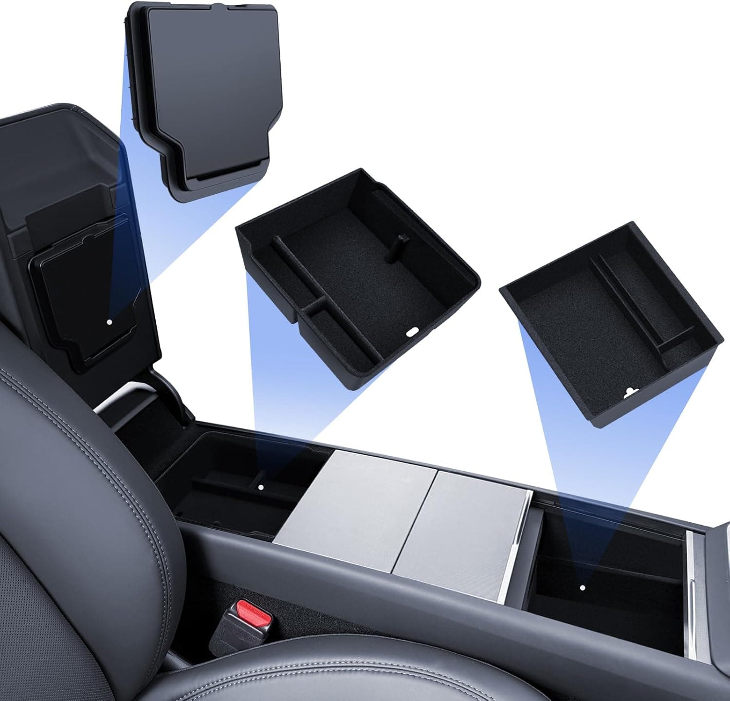 Lot de 3 accessoires pour Tesla Model Y 2025-2026 Juniper - Organiseur de console centrale - Boîte de rangement pour accoudoir et boîte cachée (flocage)