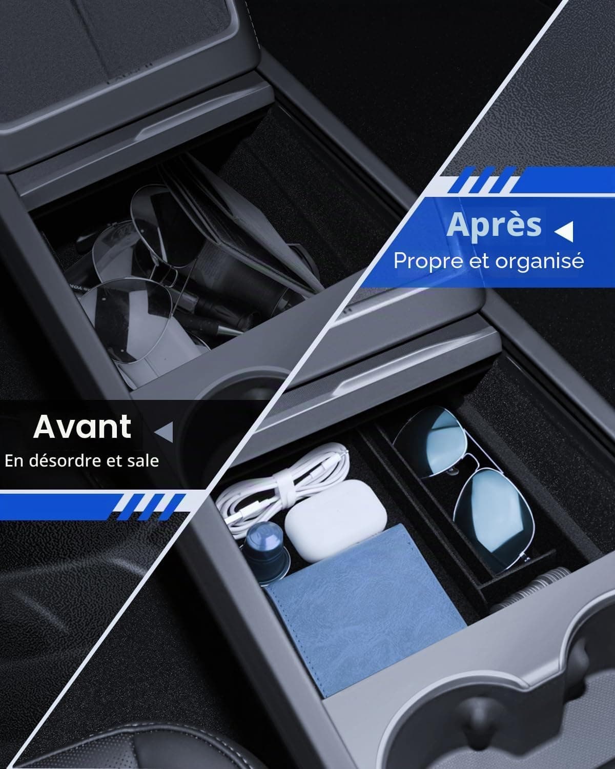 Lot de 3 accessoires pour Tesla Model Y 2025-2026 Juniper - Organiseur de console centrale - Boîte de rangement pour accoudoir et boîte cachée (flocage)