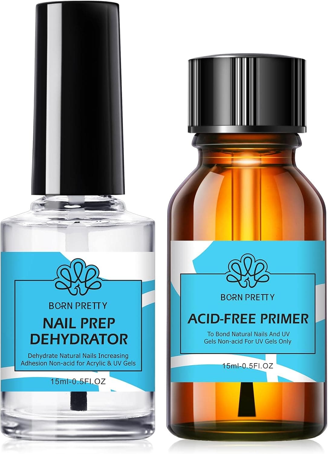 BORN PRETTY Primer Ongle Gel UV Déshydrateur Kit 2pcs 15ml | Nail Prep avant manucure pour acrylique et vernis semi permanent, améliore l'adhérence sur ongles naturels