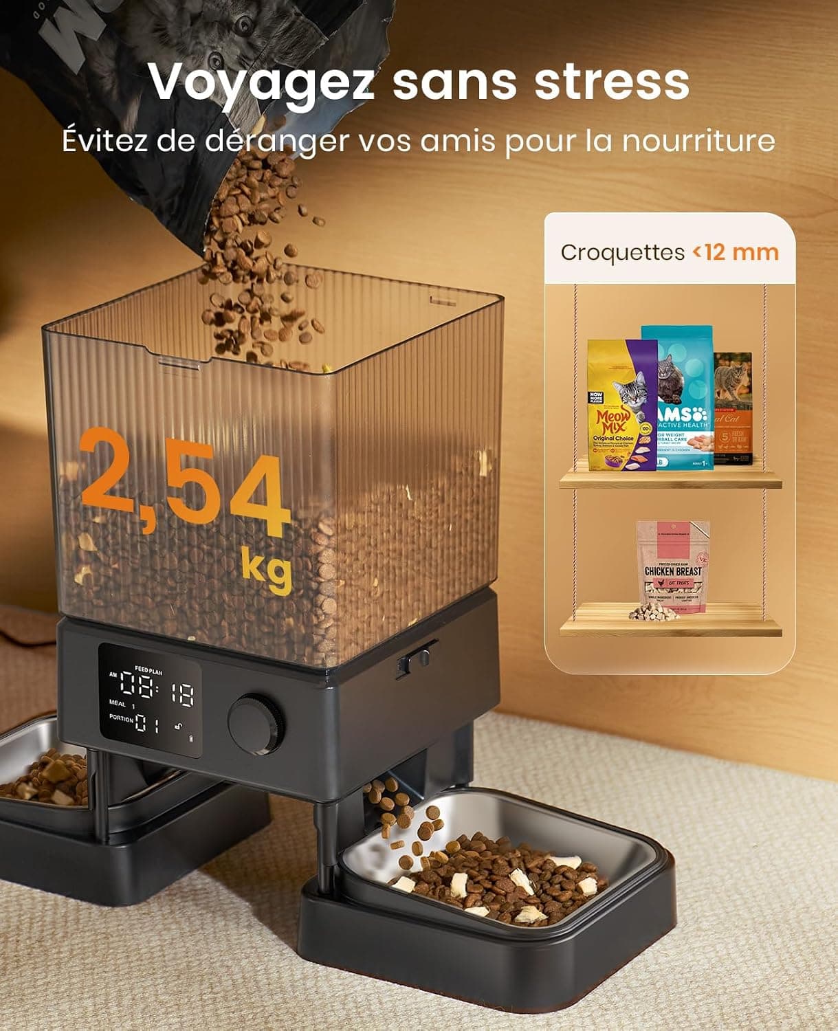 oneisall 5L Distributeur Croquettes Chat Automatique Double, 2 Bols INOX | Distributeur de Nourriture Programmable pour Chat/Chien, Enregistrement Vocal, Mangeoire Automatique à un Bouton Usage Facile