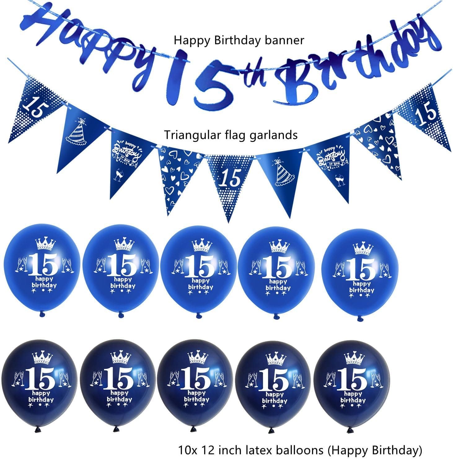 Bleu guirlande Happy 15th Birthday bannière + 15 ans anniversaire drapeaux triangulaires + 15 pcs 15 ans anniversaire ballons 15 ans anniversaire garcon décoration anniversaire 15 ans garcon Bleu