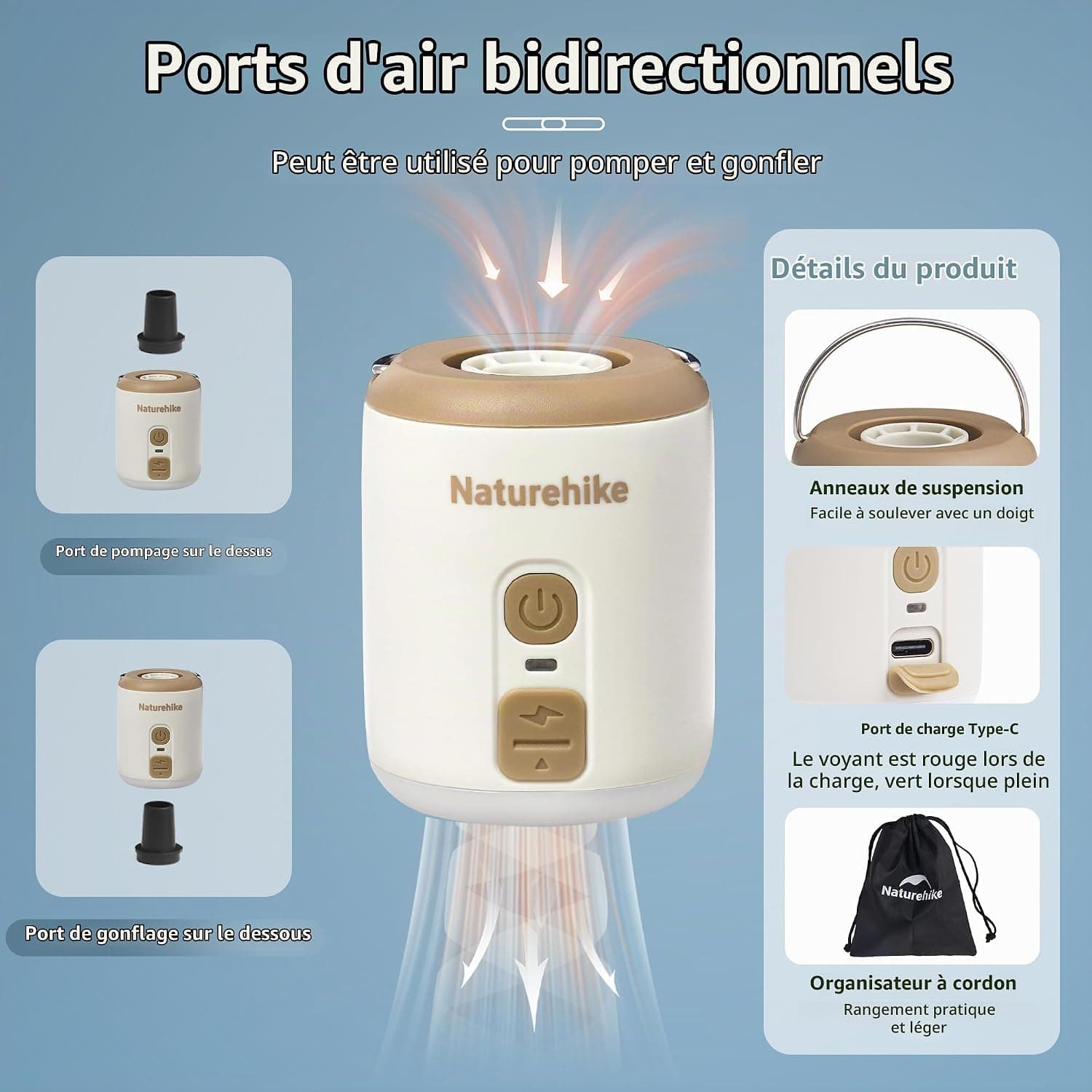 Naturehike Wind-Mini 1600 mAh Pompe à air à Batterie Rechargeable USB-C Mini Pompe à air de Camping Pompe à air électrique portative éclairée Pompe à air sur Coussin d'air avec 6 Buses d'air