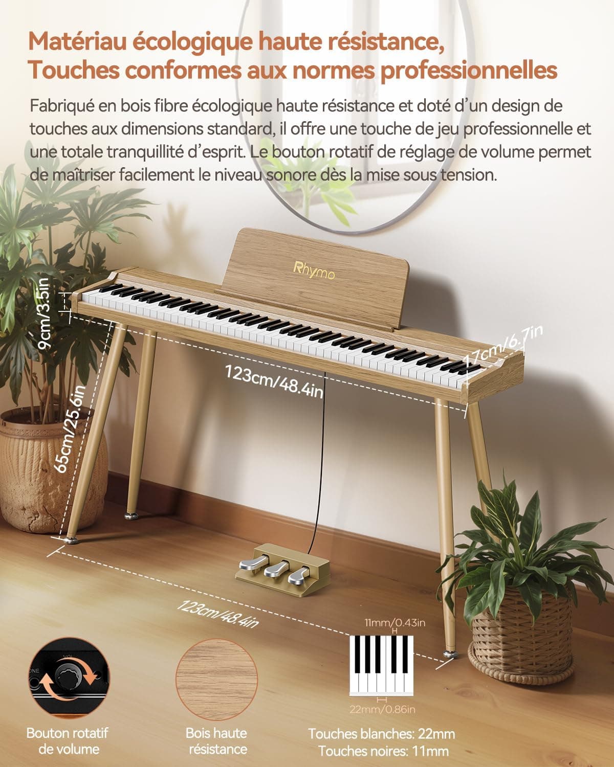 Rhymo Piano Numérique 88 Touches Semi-Lestées avec Support - Clavier Pleine Taille, Bluetooth Audio/MIDI, Mode Dual Player, Haut-parleurs 20W, Entrée Micro, Triple Pédale (couleur bois naturel)