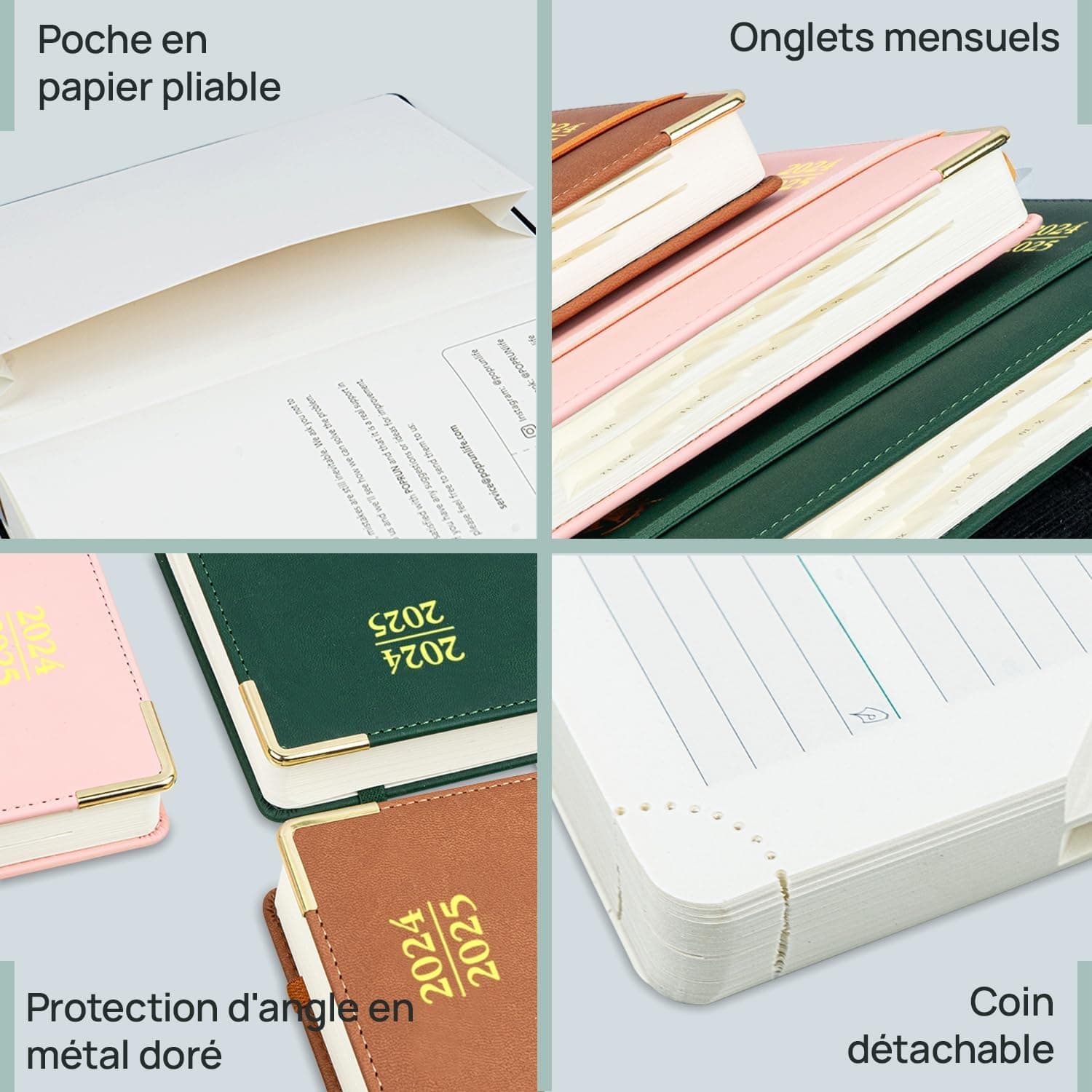 POPRUN Agenda 2025 Semainier 22 x 16,5 cm De Août 2024 à Déc 2025, Premium Planner Scolaire 17 Mois, Couvercle en cuir de coton PU, Onglets Mensuels, Papier Certifié 100 g/m2 - Forêt Vert