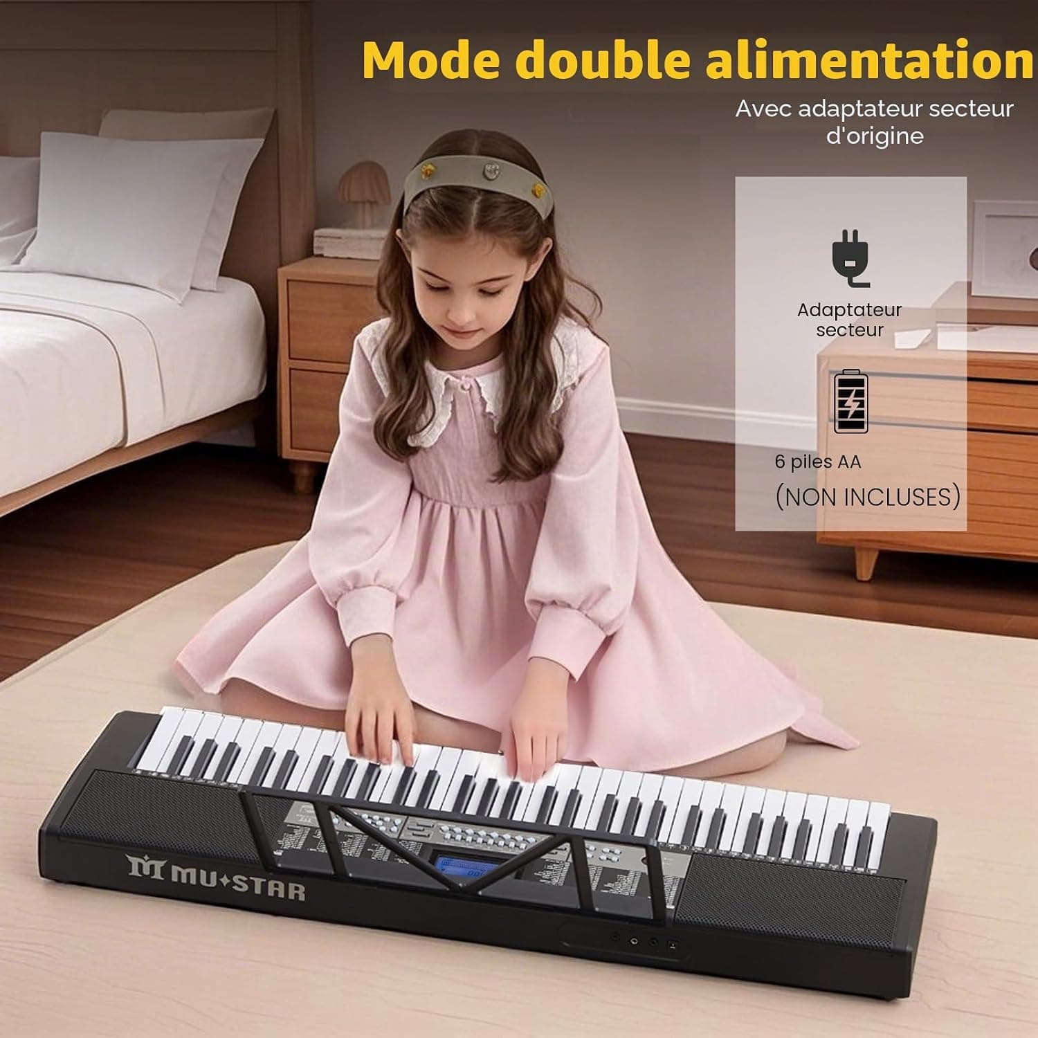 MUSTAR Piano à clavier lumineux 61 touches, clavier numérique pour débutants, piano électrique avec enseignement intelligent, support, tabouret, casque (Noir)