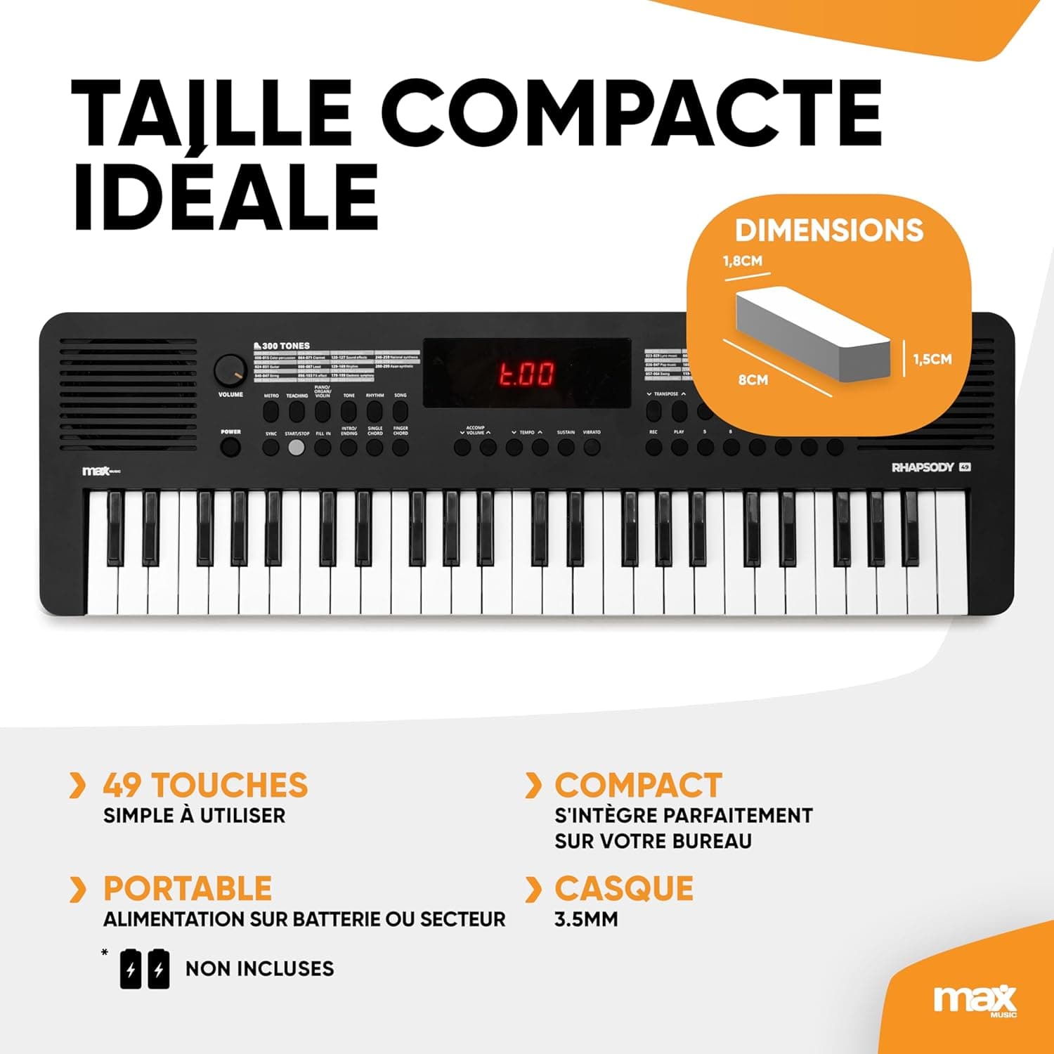 Max Rhapsody49 Clavier MIDI Électronique, 49 Touches, 300 Timbres, 300 Rythmes, Alimentation USB-C, Deux Haut-Parleurs Intégrés, Idéal pour les Producteurs de Musique et Home Studio
