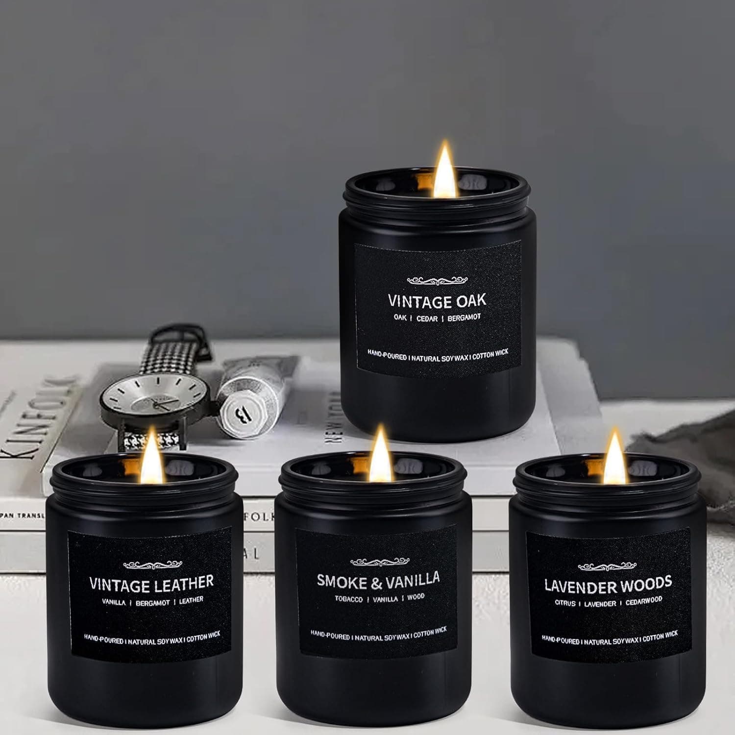 Bougies Parfumées pour Hommes, Ensemble de 4 Bougies de Soja pour la Maison, Cadeaux pour la Fête des Pères, avec des Arômes de Cuir/Chêne/Bois de Lavande/Vanille Fumée