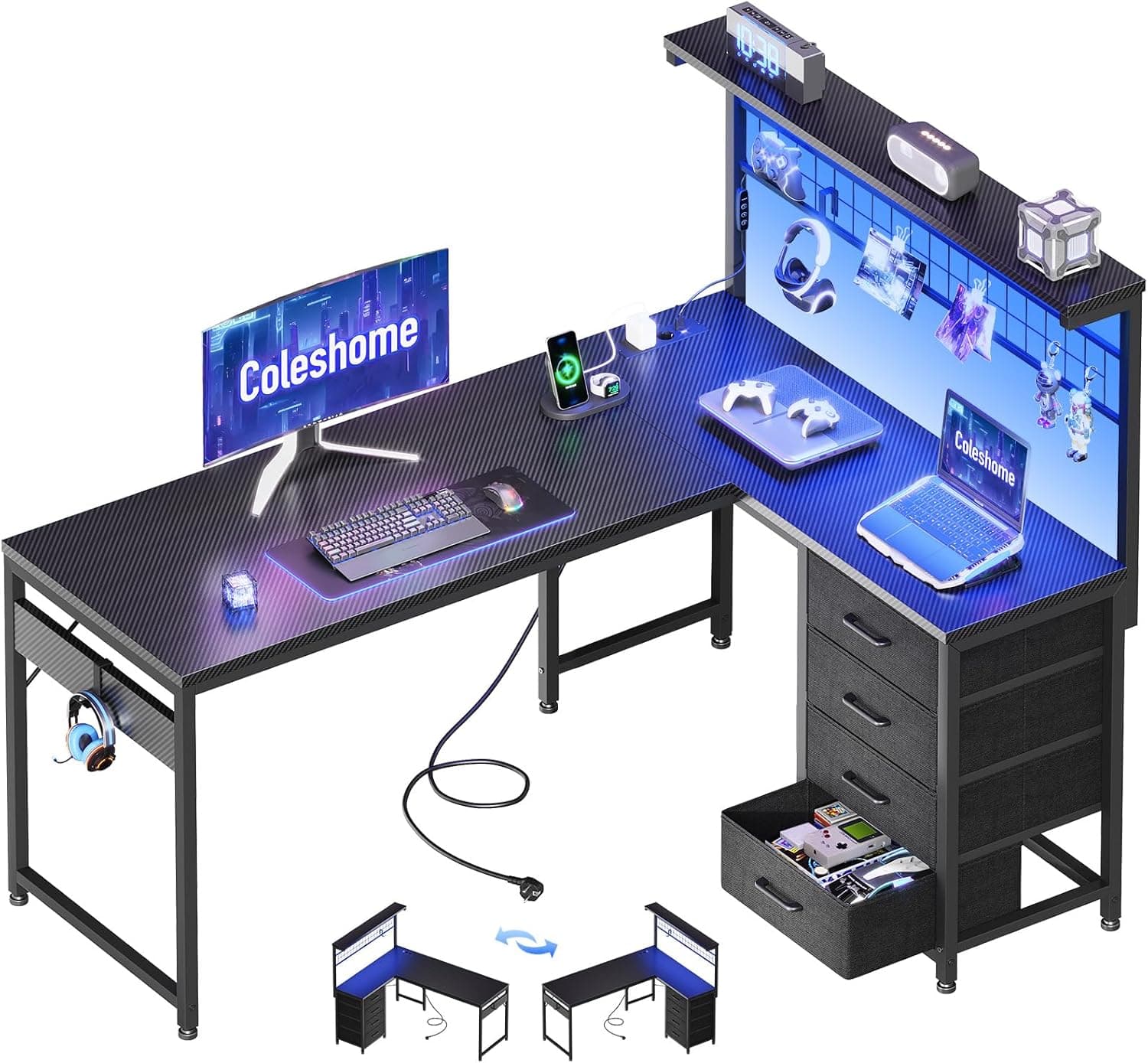 Coleshome Bureau Gaming LED, 130x100cm, Carbone Noir