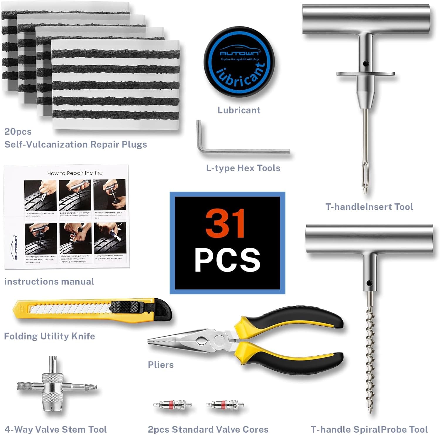 AUTOWN Meche Pneu Crevaison, 31 pièces Kit Reparation Pneu Voiture Robuste