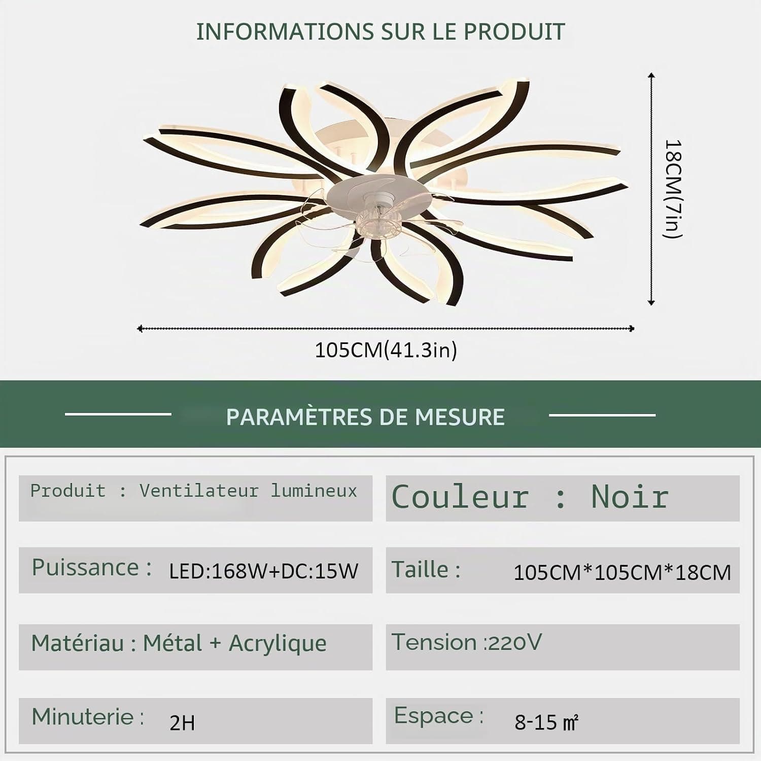 Grand Ventilateur de Plafond Avec Lumière Dimmable, Chambre Silencieux Avec Lumiere Et Telecommande APP, Réversible 6 Vitesses Lustre Timer