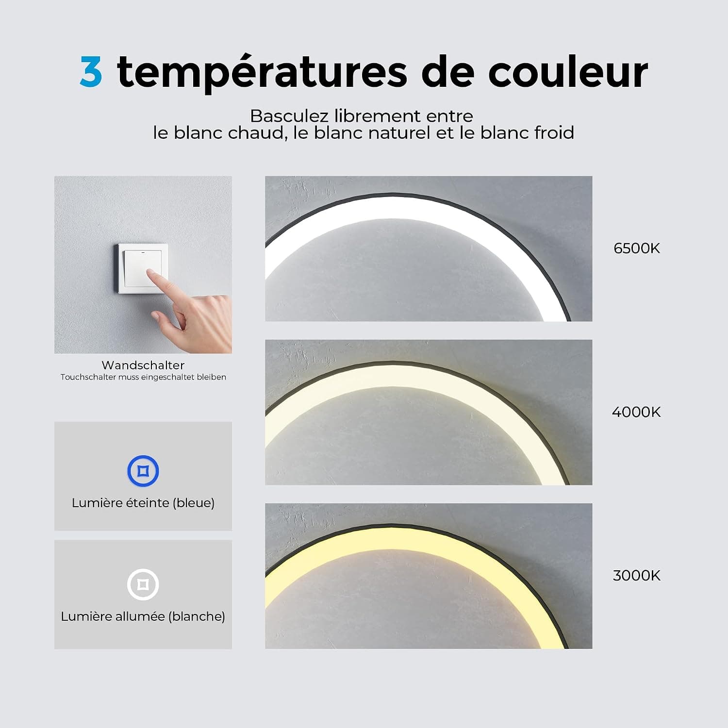 Heilmetz Miroir Salle de Bain Rond avec Éclairage 70cm, Miroir LED Salle de Bain avec Cadre Noir, Dimmable, 3 Couleurs Lumineux, Commande Tactile
