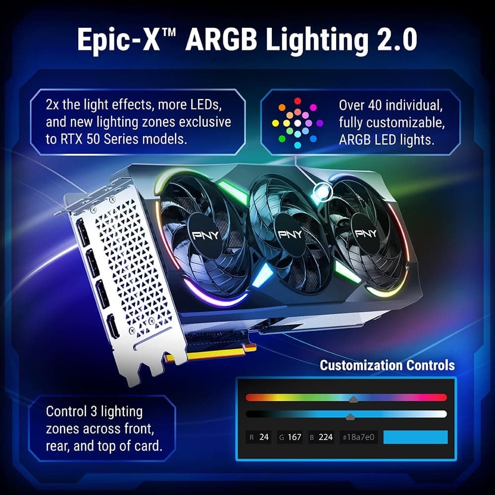 PNY Carte Graphique GeForce RTXTM 5070Ti 16Go ARGB OC Triple Fan DLSS 4 | 16 Go GDDR7, 256 bits, vitesse boostée : 2640 MHz, PCIe® 5.0, HDMI®/DP 2.1, NVIDIA Blackwell Architecture, DLSS 4.5