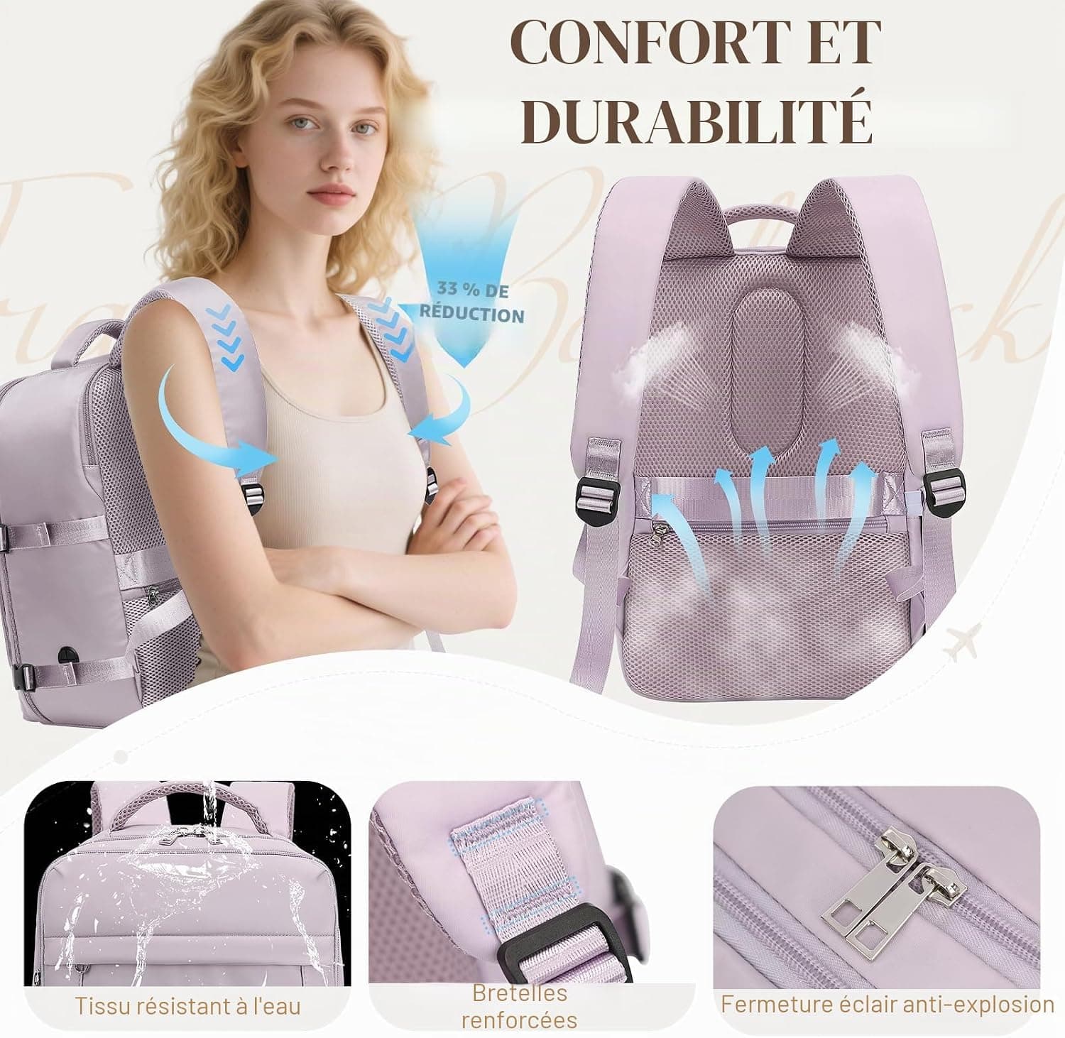Yankony Sac a Dos Voyage Cabine Avion 45x36x20 Easyjet Bagages Cabine | avec Pochette Antivol Sac de Voyage Femme Résistant à l'eau Valise Bag Main 30L Sac à Dos pour Ordinateur Portable Quotidiens