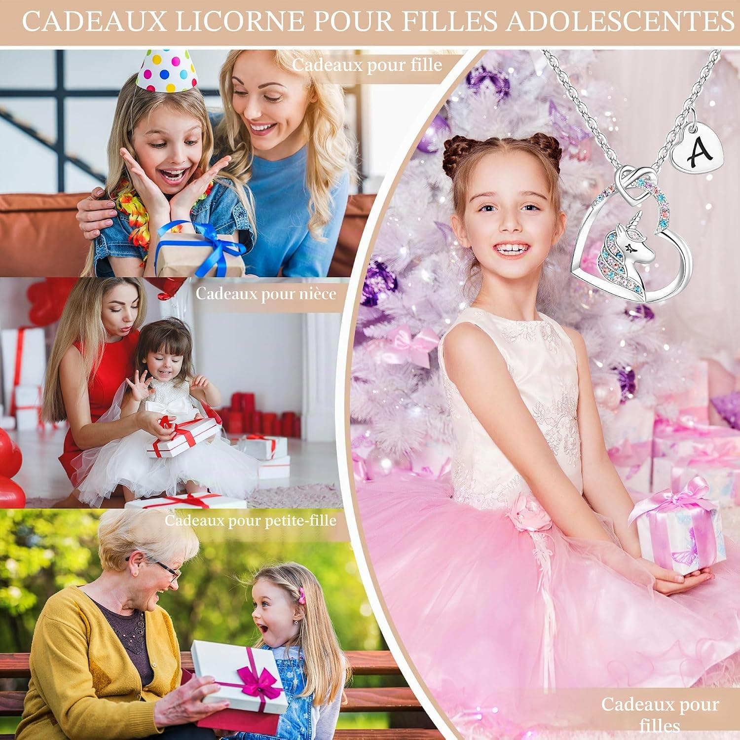 TINGN Cadeaux de Collier de Licorne pour les Fille, Plaqué Or Blanc 14 Carats Initiale Pendentif de Cœur CZ Collier de Lettre de Licorne Cadeaux en Licorne Cadeaux pour les Filles Femmes Bijoux