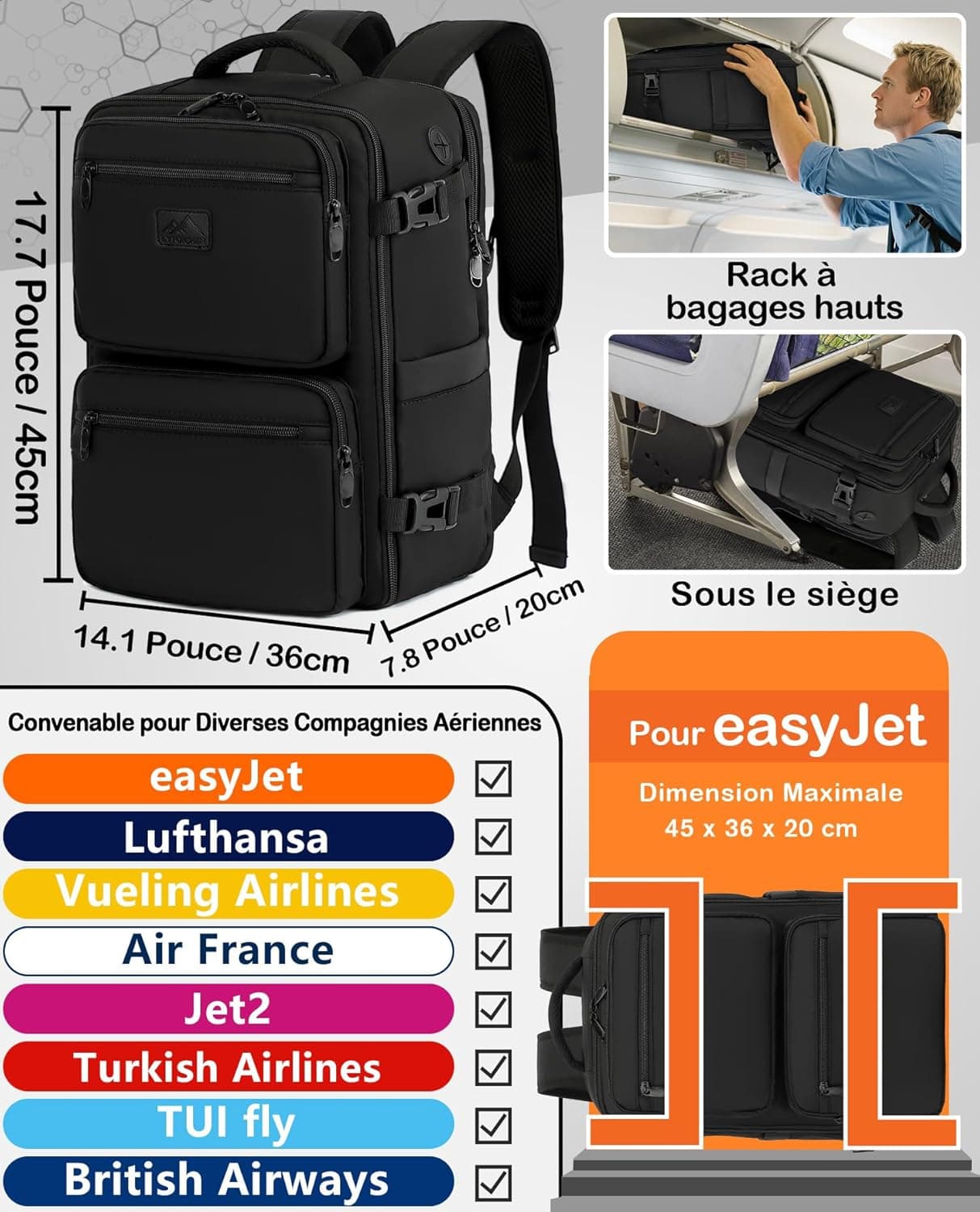 Bagage Cabine 45x36x20 pour Easyjet Sac a Dos Voyage Cabine Avion Sac à Dos Voyage 30 L Bagage à Main pour Femme Homme Ordinateur Portable 15.6 Pouces(Noir,M)