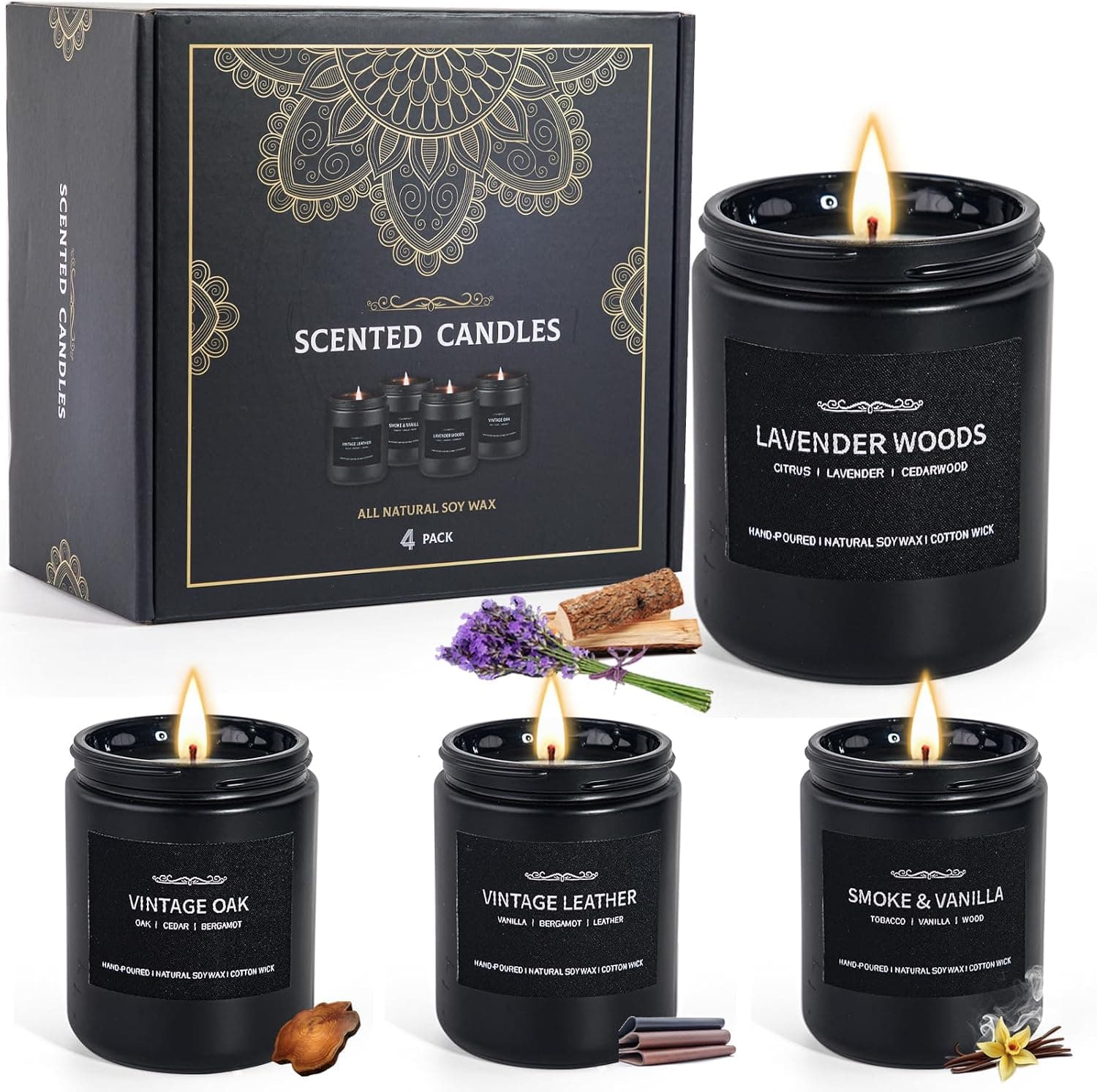 Bougies Parfumées pour Hommes, Ensemble de 4 Bougies de Soja pour la Maison, Cadeaux pour la Fête des Pères, avec des Arômes de Cuir/Chêne/Bois de Lavande/Vanille Fumée