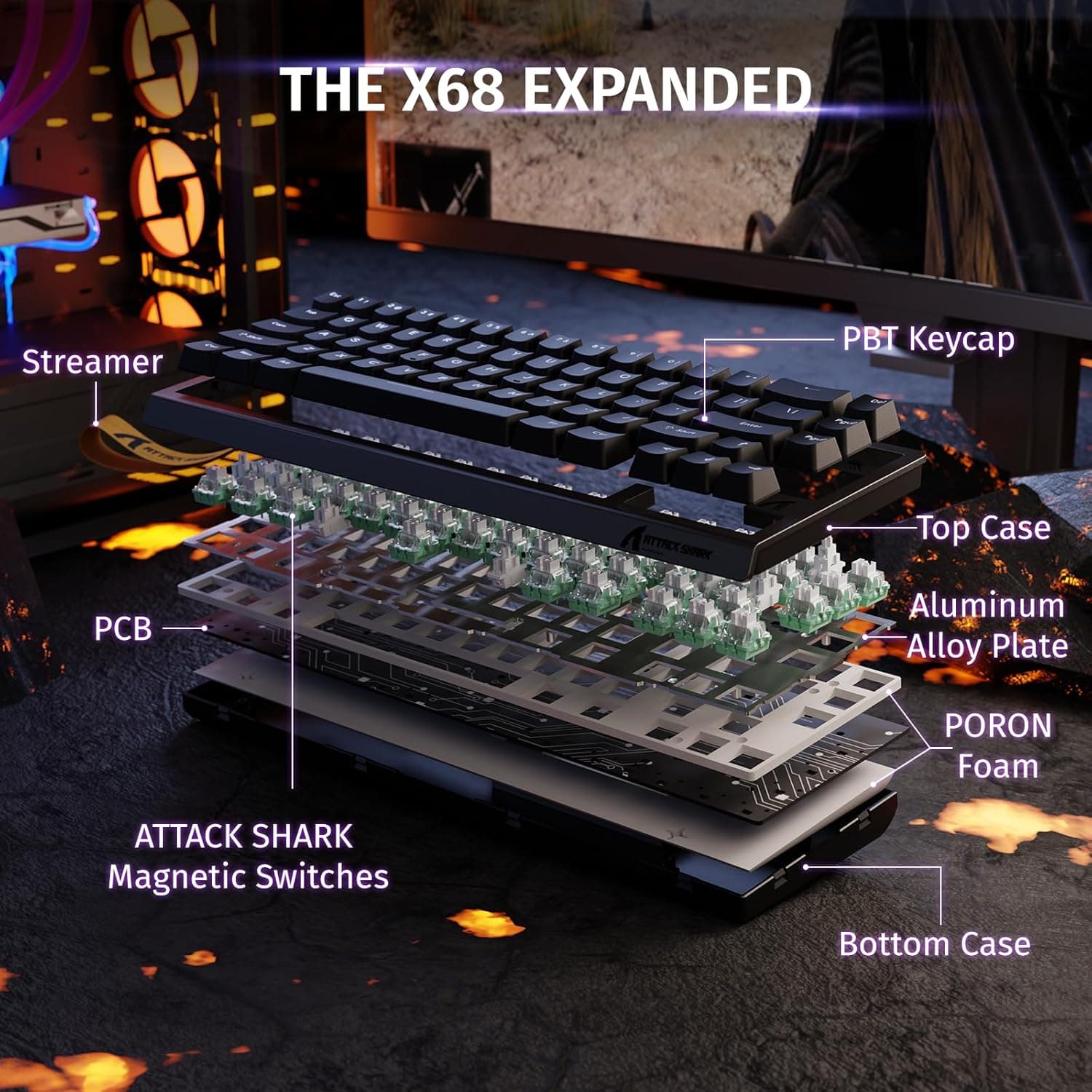 ATTACK SHARK X68 HE Clavier 8000Hz Rapid Trigger, Clavier Gamer Filaire RGB 60% avec Précision RT de 0,01 mm avec Interrupteur Magnétique, Actionnement Réglable, Snap Tap, pour PC/Mac, Noir