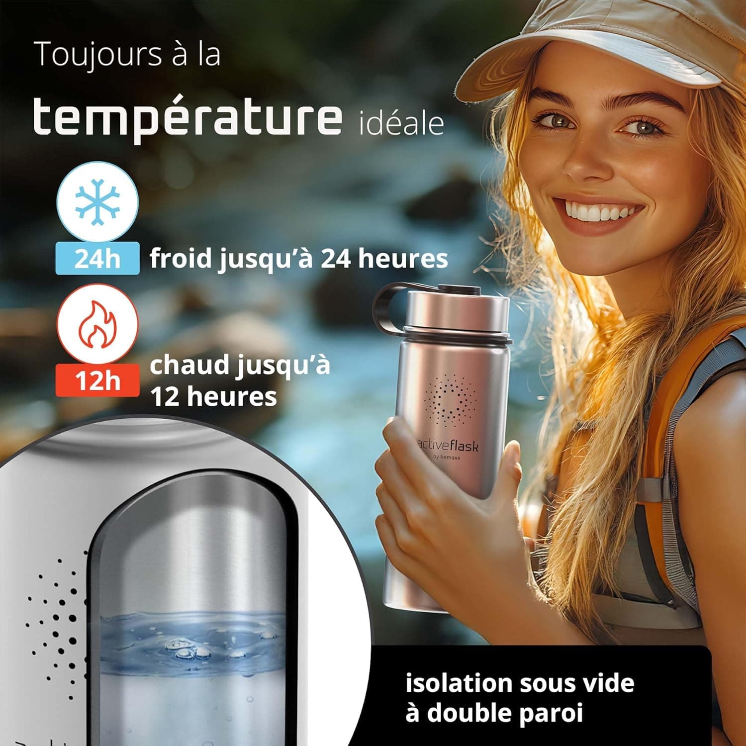 Gourde Inox Isotherme ACTIVE FLASK 1l/500ml sans BPA + Paille (3 Bouchons) | Bouteille d’eau Acier Inoxydable Isolée, Thermos Réutilisable | Camping Velo Sport Running Randonnée Enfant, Café The