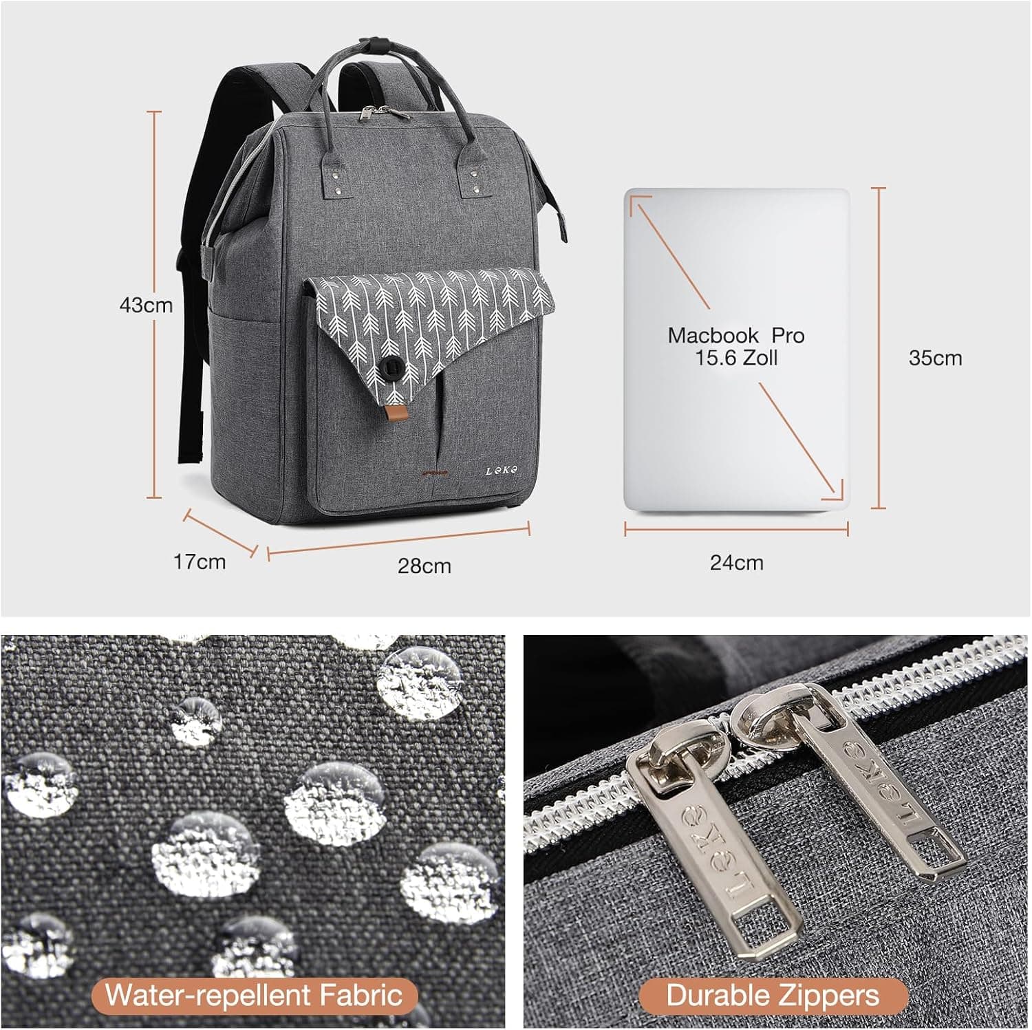 Lekesky Sac à Dos Ordinateur Portable Femme 15.6 Pouces, Elegant Antivol Imperméable Sac a Dos PC Portable pour College Loisir Voyage Affaires, Gris/Noir