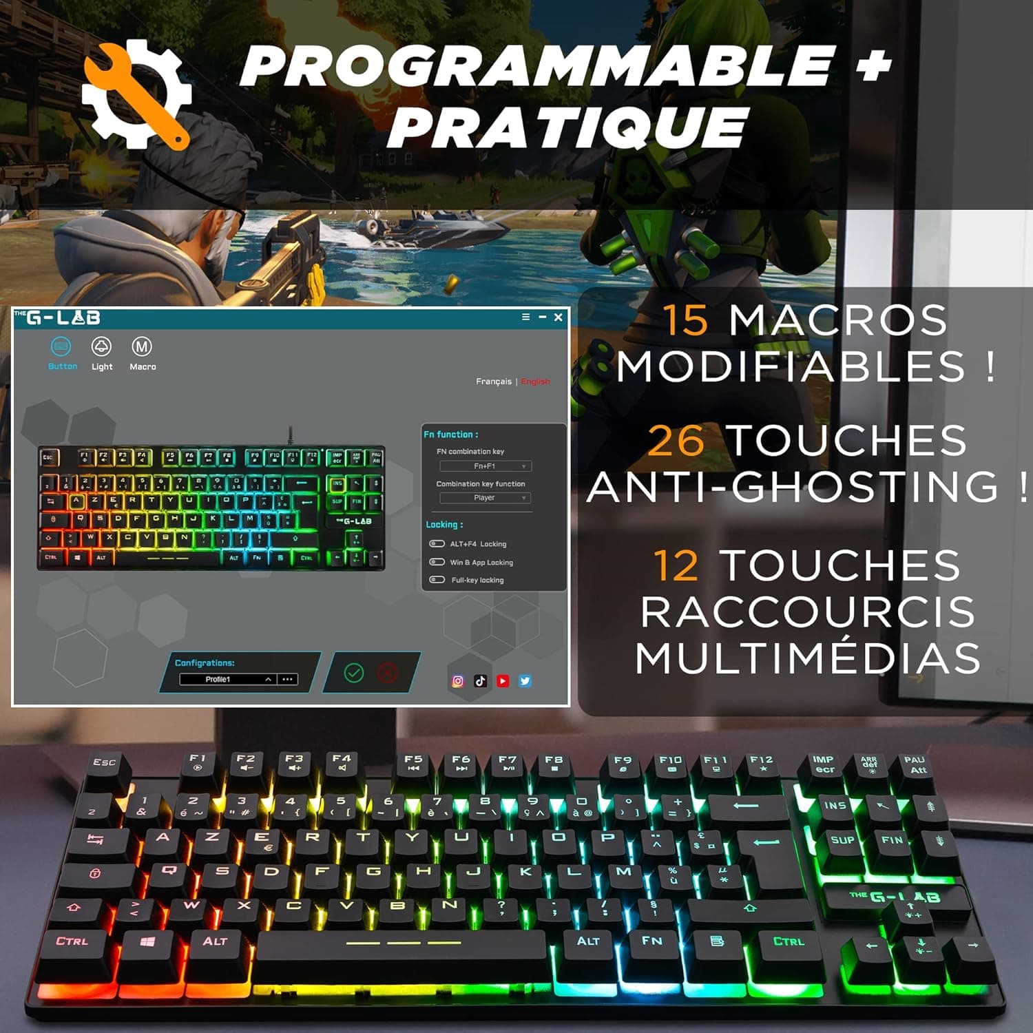 The G-Lab Keyz Caesium TKL Clavier Gamer TKL 87 Touches Filaire USB AZERTY Français, Rétro-Éclairage LED Multicolore - Clavier Gaming Compact sans Pavé Numérique pour PC/PS4/PS5/XBOX (Noir) | Filaire USB, Format TKL 87 Touches sans Pavé Numérique, Rétroéclairage LED Multicolore, Noir
