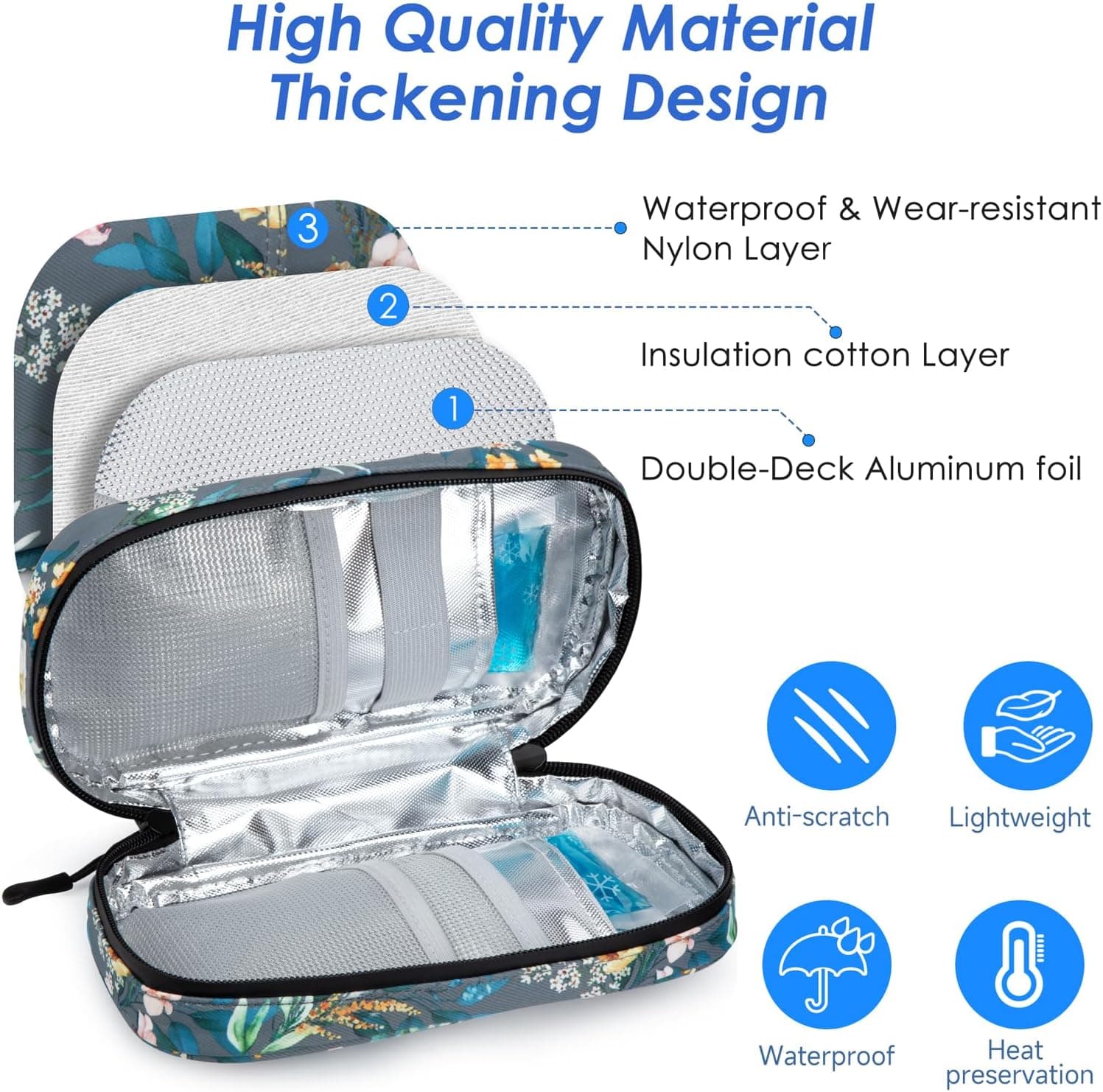YOUSHARES Trousse Isotherme Insuline avec 2 Poche Glacière Insuline, Pochette Isotherme Insuline, Sac Isotherme Insuline Voyage pour Insuline Stylo, Injection, Seringue, Camellia Oleifera à Fond Gris