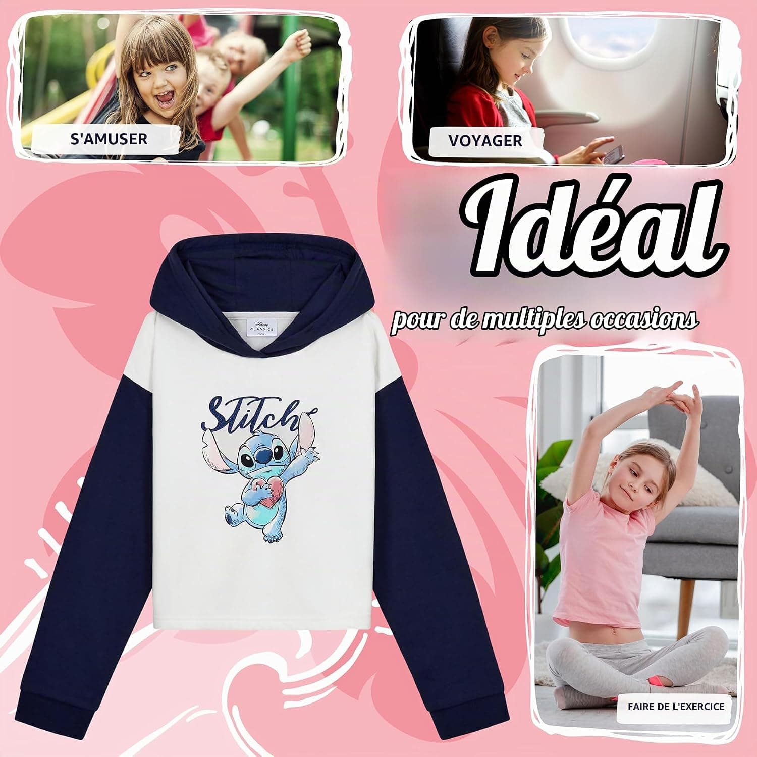 Disney Sweat à Capuche Fille Stitch, Pull Stitch, Crop Top Fille, Vêtements Mode Fille et Ado 7-14 Ans