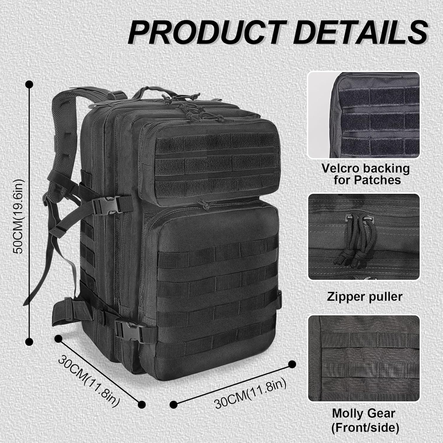 HEMSO Grand Sac à Dos Militaire 45L,Sac de Voyage Système MOLLE,Sac Crossfit de Sport pour Randonnée Trekking Moto Camping Voyage Pêche Alpinisme École (Noir)